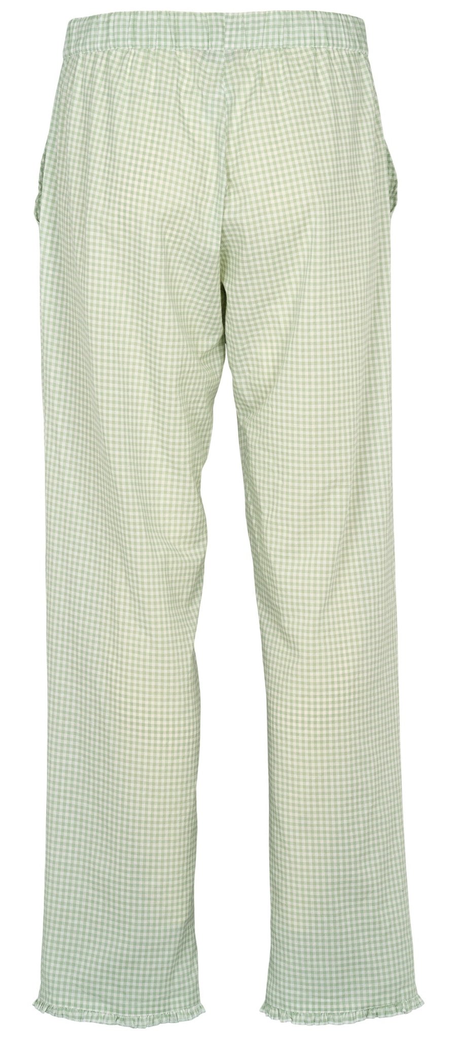 Lysegrønne og hvide Missya Josie Ternet-bukser i gingham-mønster med elastisk talje, vist bagfra på hvid baggrund.