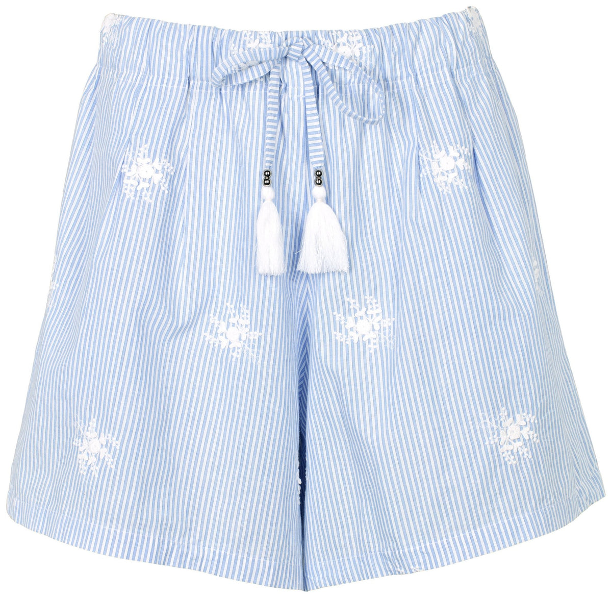Missya Viola Blå shorts i lyseblå/hvid med snøre i taljen, kvaster og diskret broderi.