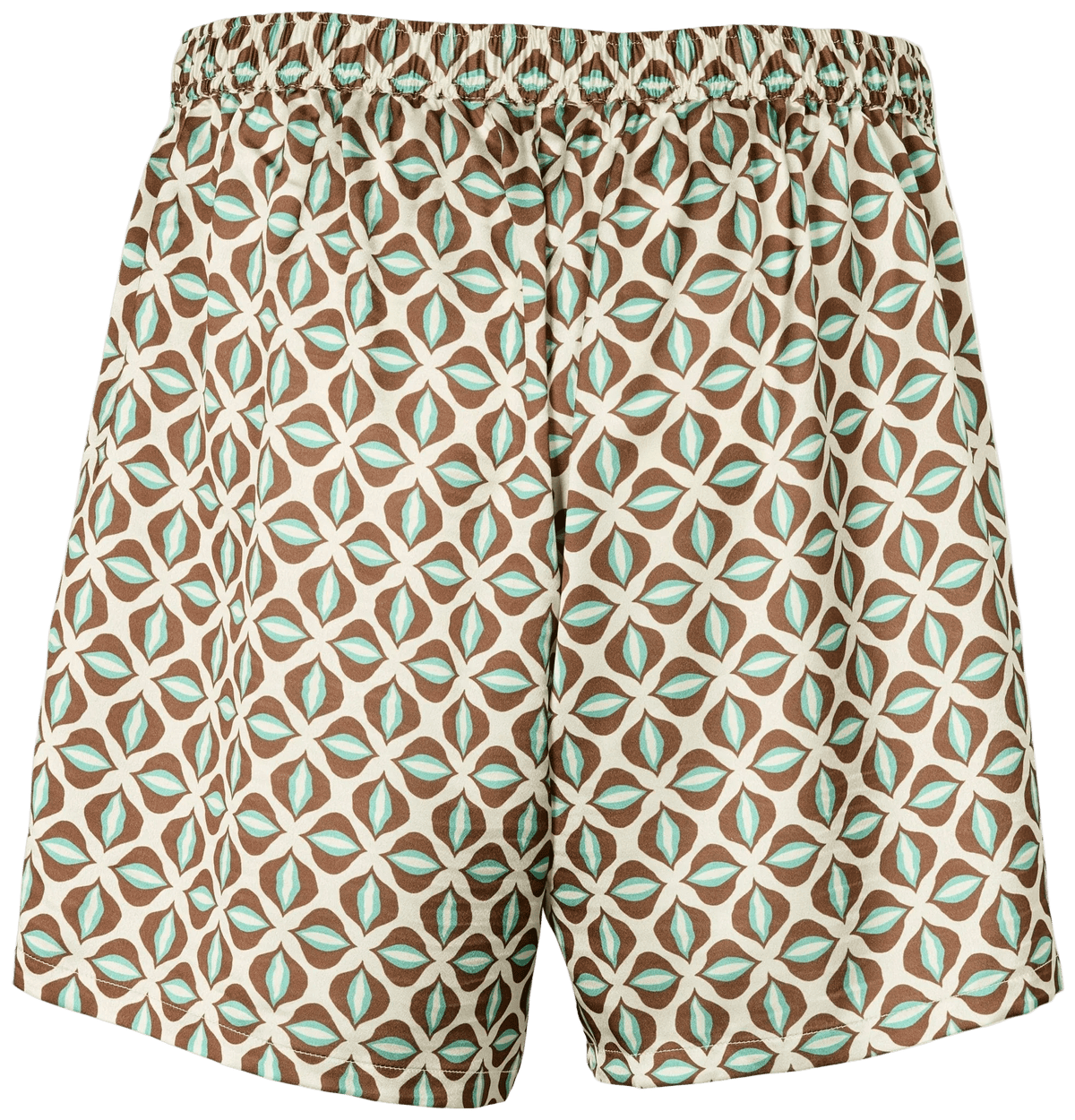 Missya Frida Brun-mønstrede, løstsiddende shorts med elastisk linning og et geometrisk mønster i brunt og blågrønt.
