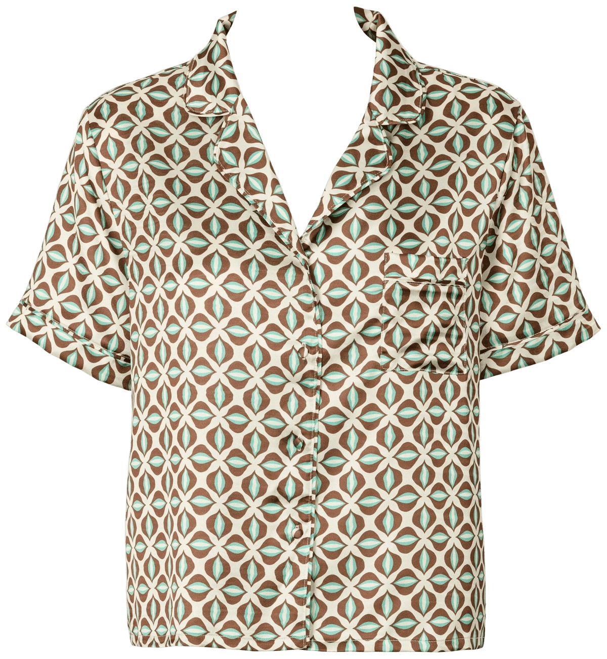 Missya 154540 Frida Brun – kortærmet pyjamasbluse med geometrisk mønster i brunt, cremefarvet og blågrønt.