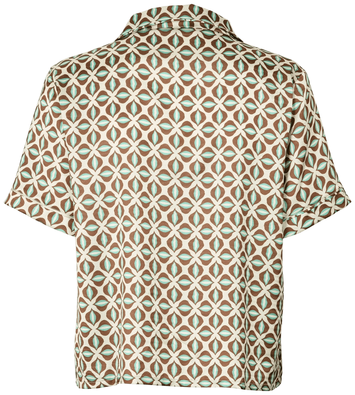Bagside af en 154540 | Missya – Frida Brun-mønstret loungewear-bluse med et geometrisk blomsterbladmønster i brunt og lyseblåt.