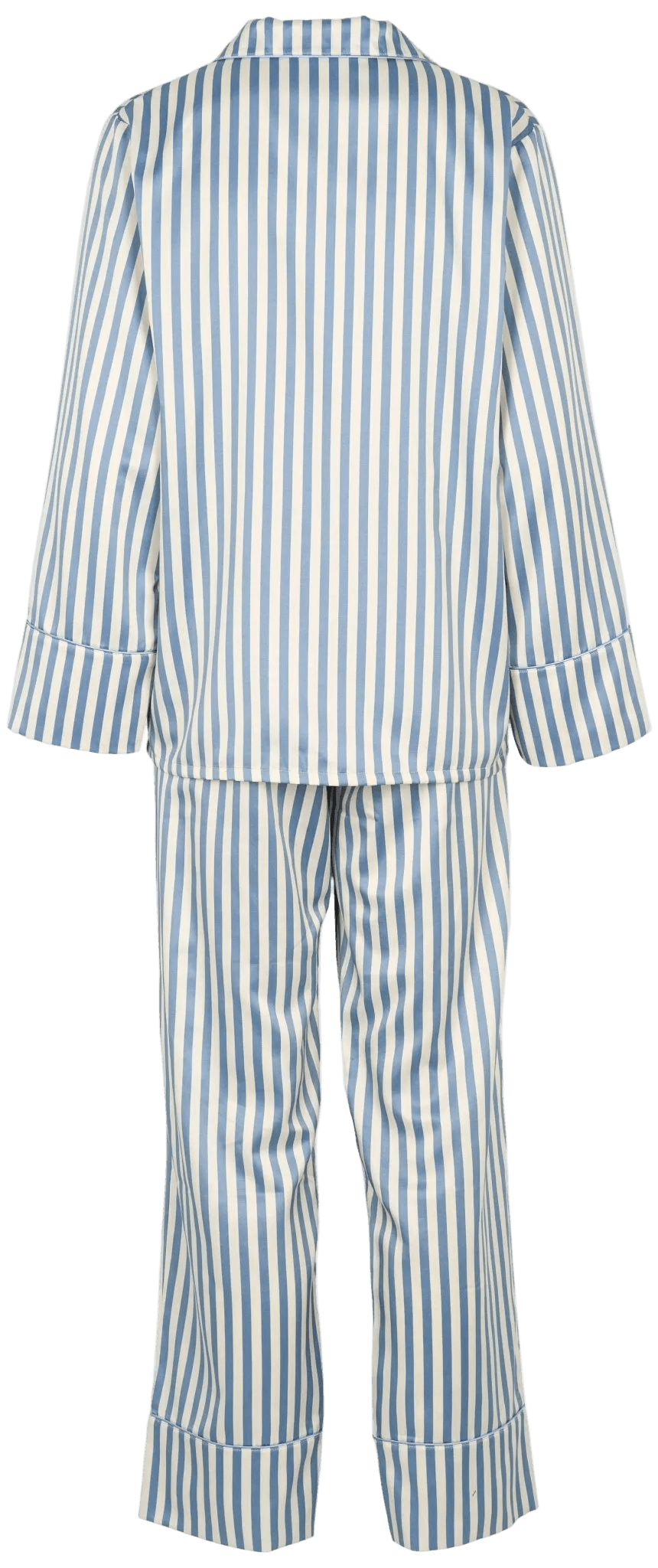 Bagside af et Missya – Leo Blå pyjamasæt med blå og hvide lodrette striber.