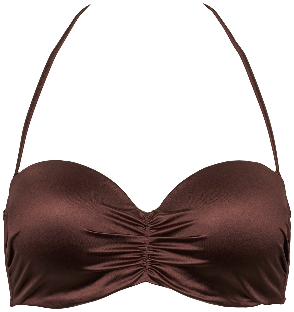 Missya – Fiji Brun bandeau-bikinitop med halterneck-stropper, rynket midterparti og satinfinish. Mærke: Missya.