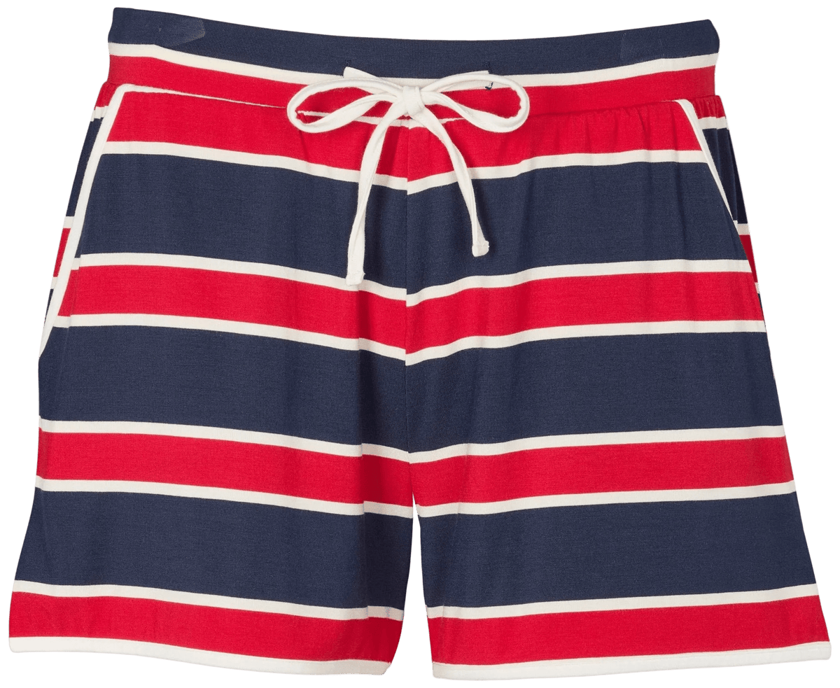 Missya Softness Stribet: røde, hvide og marineblå stribede jogger-shorts med lommer og en hvid snøre, præsenteret på en enkel måde.