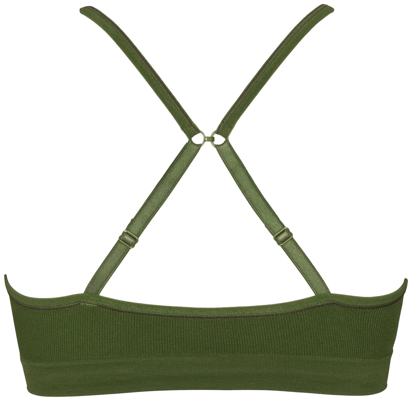 Missya Lucia Army Green sømløs bh-top med justerbare stropper, der krydser på ryggen, vist på en ensfarvet hvid baggrund.