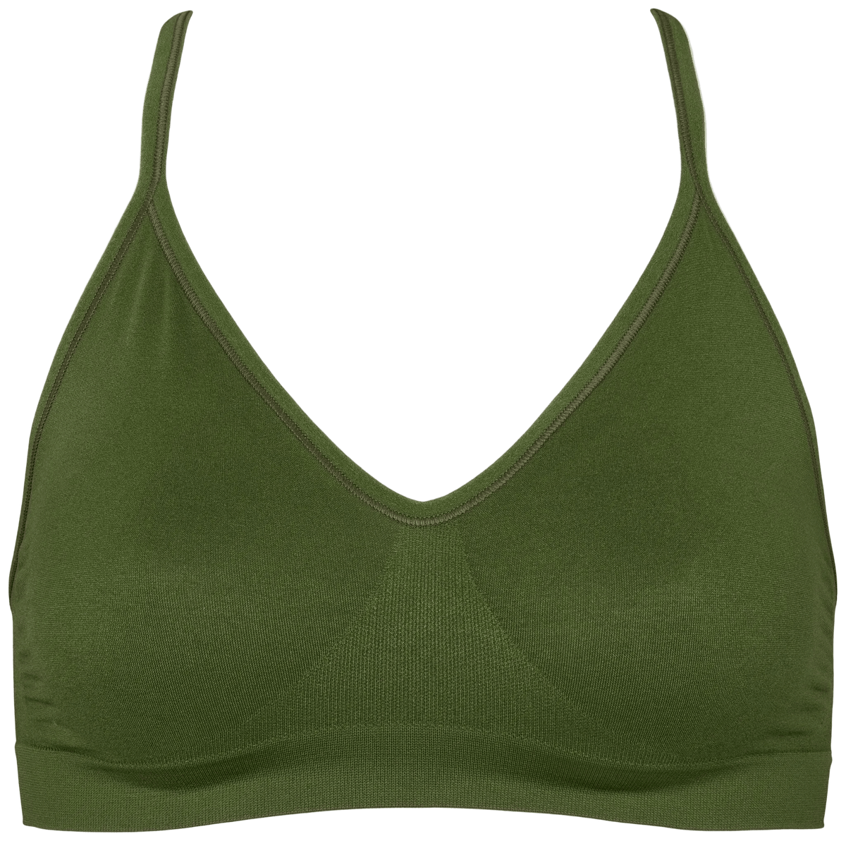 Missya Lucia Army Green sømløs bh-top med tynde stropper og V-udskæring, vist på en hvid baggrund.