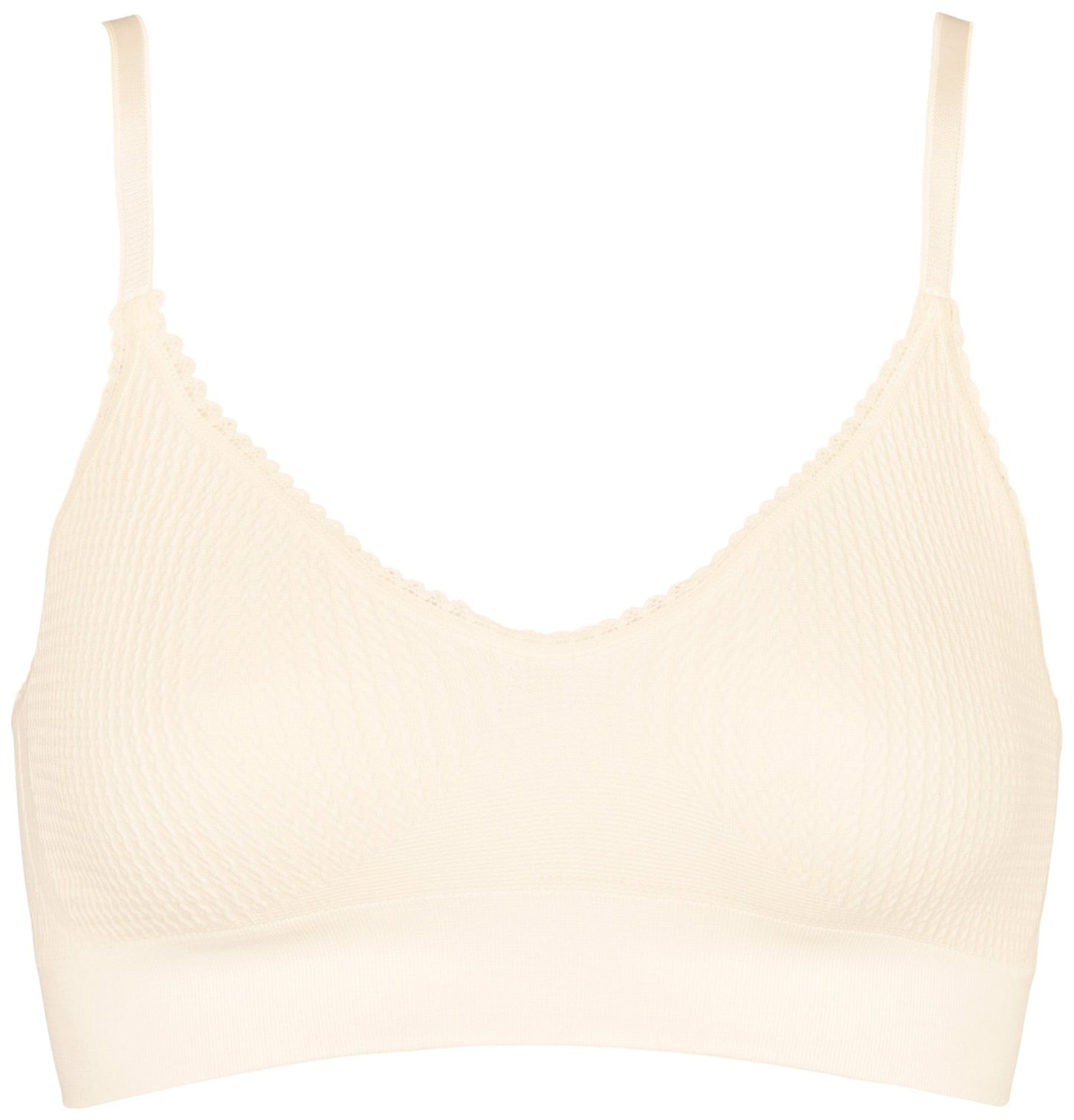 Missya Lucia Butter Yellow Champagne ribbet bh-top uden bøjle med justerbare stropper vist på en hvid baggrund.