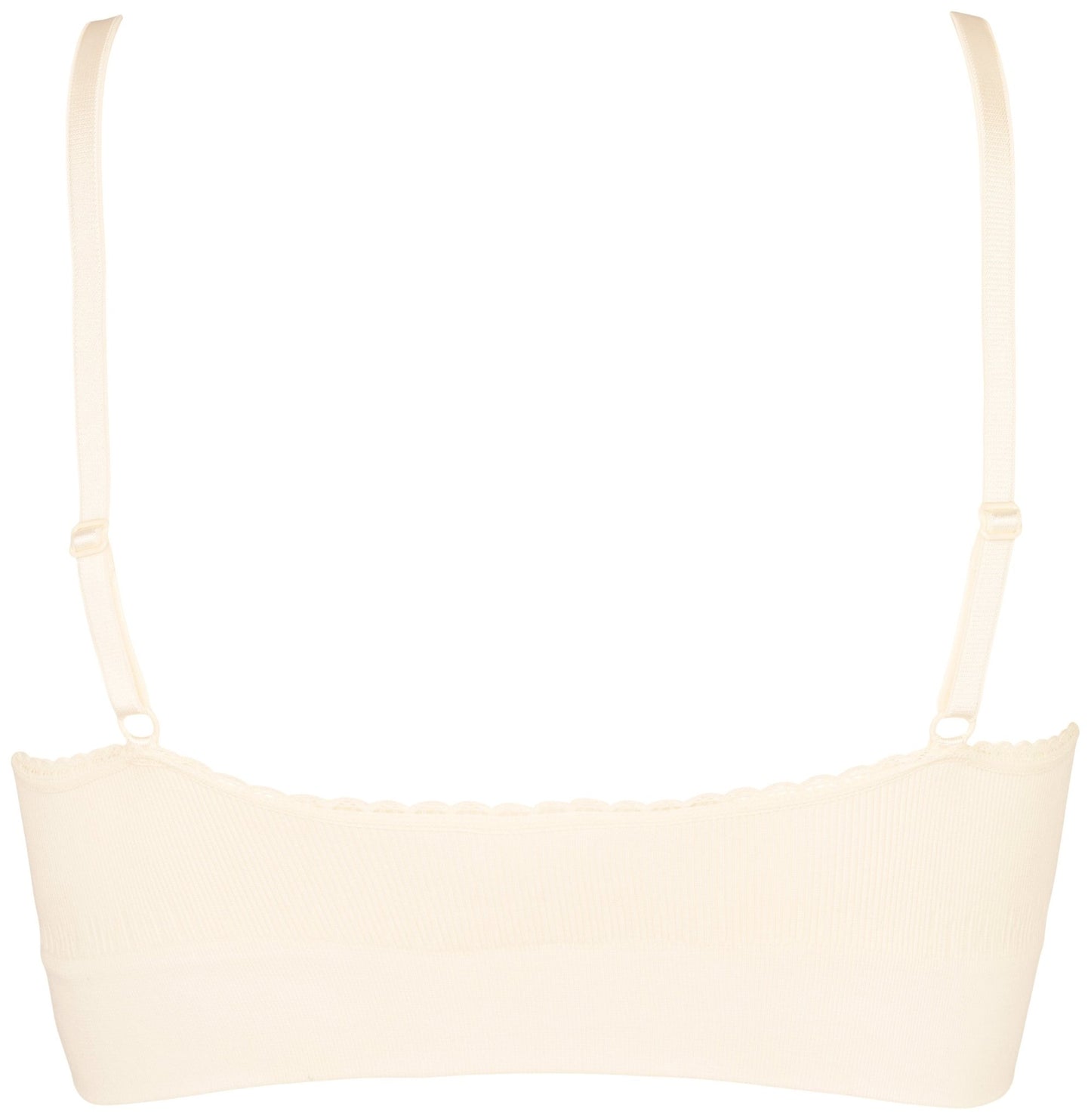 Bagsiden af Missya Lucia Butter Yellow Champagne-bh-top med justerbare stropper og ribbet struktur.