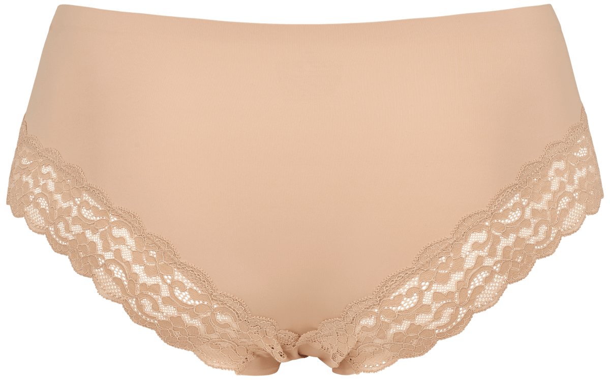 Missya Seamless med blonder, 3-pak, Pudder: nudefarvede trusser med blondekant, vist på hvid baggrund.