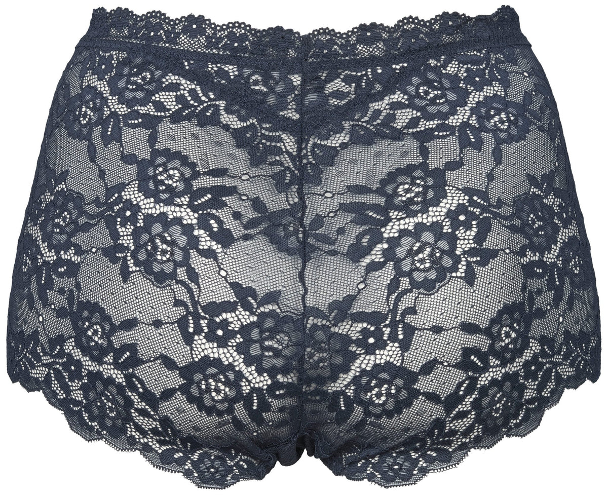 Missya 155673 Lace 3-pak Blå: Højtaljede, marineblå maxi-trusser i blonder med blomstermønster og gennemsigtig ryg.