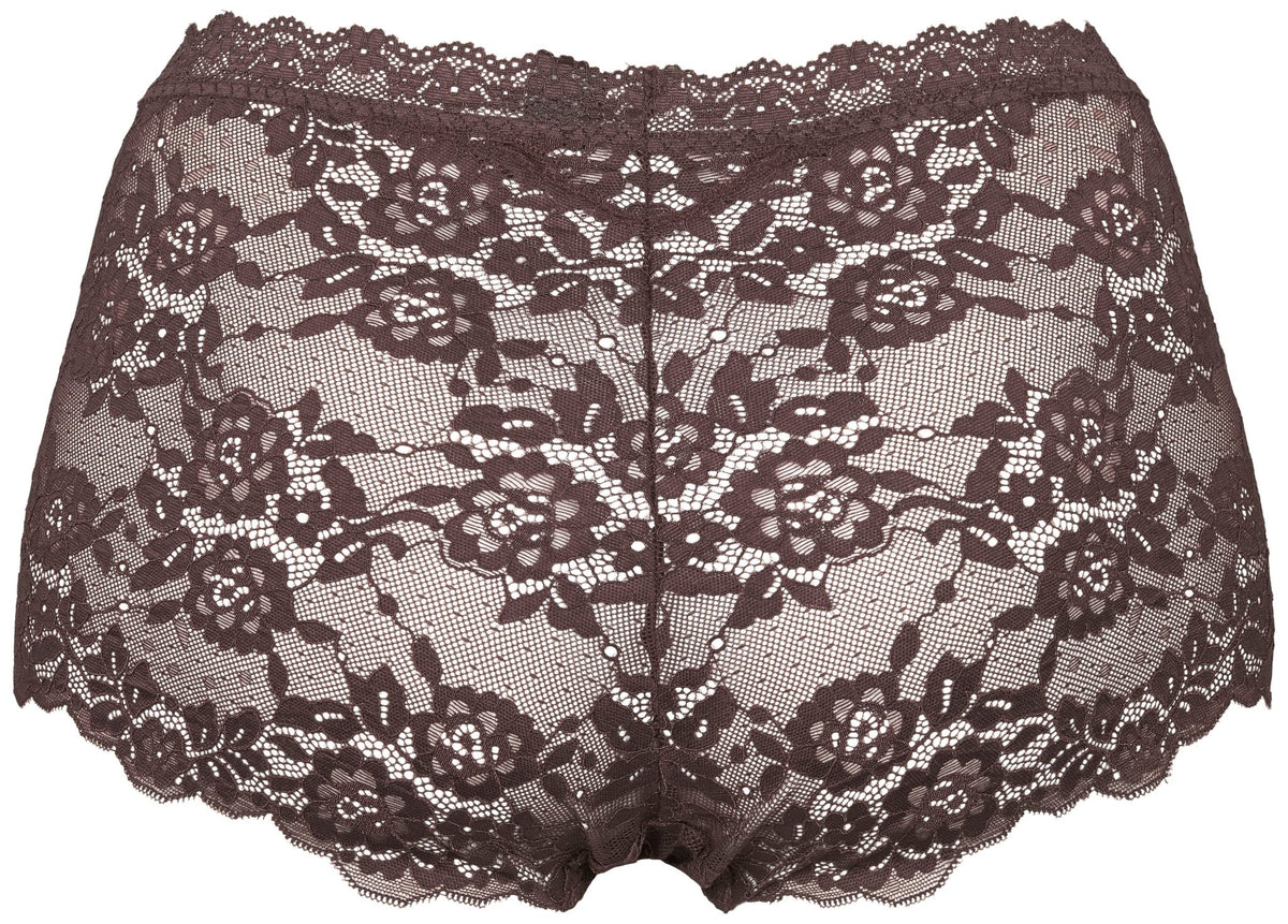 Missya Lace 3-pak Rosa: brune trusser med høj talje og blomstermønster, set bagfra på hvid baggrund.