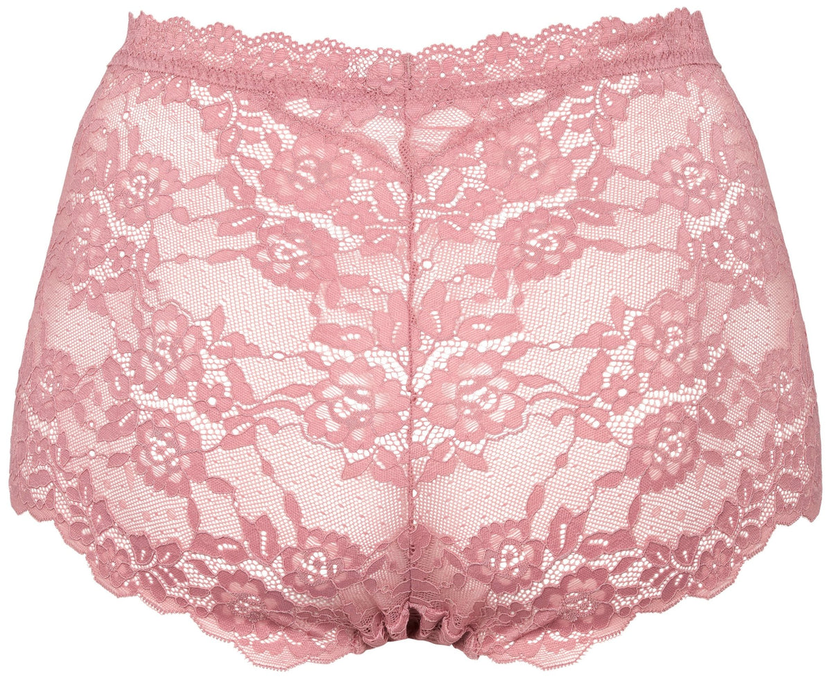 Missya Lace 3-pak Rosa blondeunderbukser med blomster og højtaljet pasform vises på en hvid baggrund.
