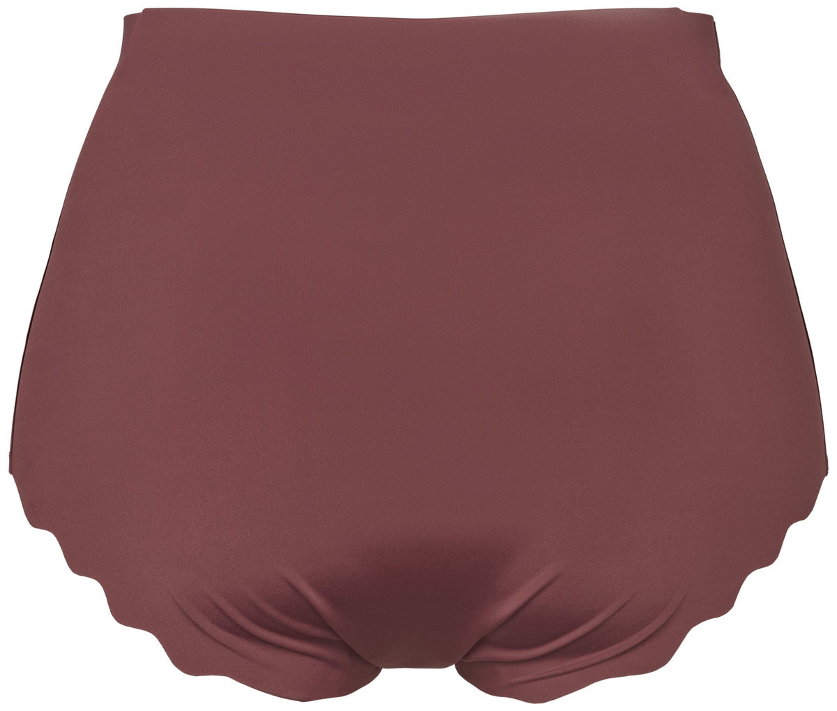 Missya – Seamless 3-pak Brun, maroon-farvet undertøj med høj talje og bølget kant, set forfra på hvid baggrund.