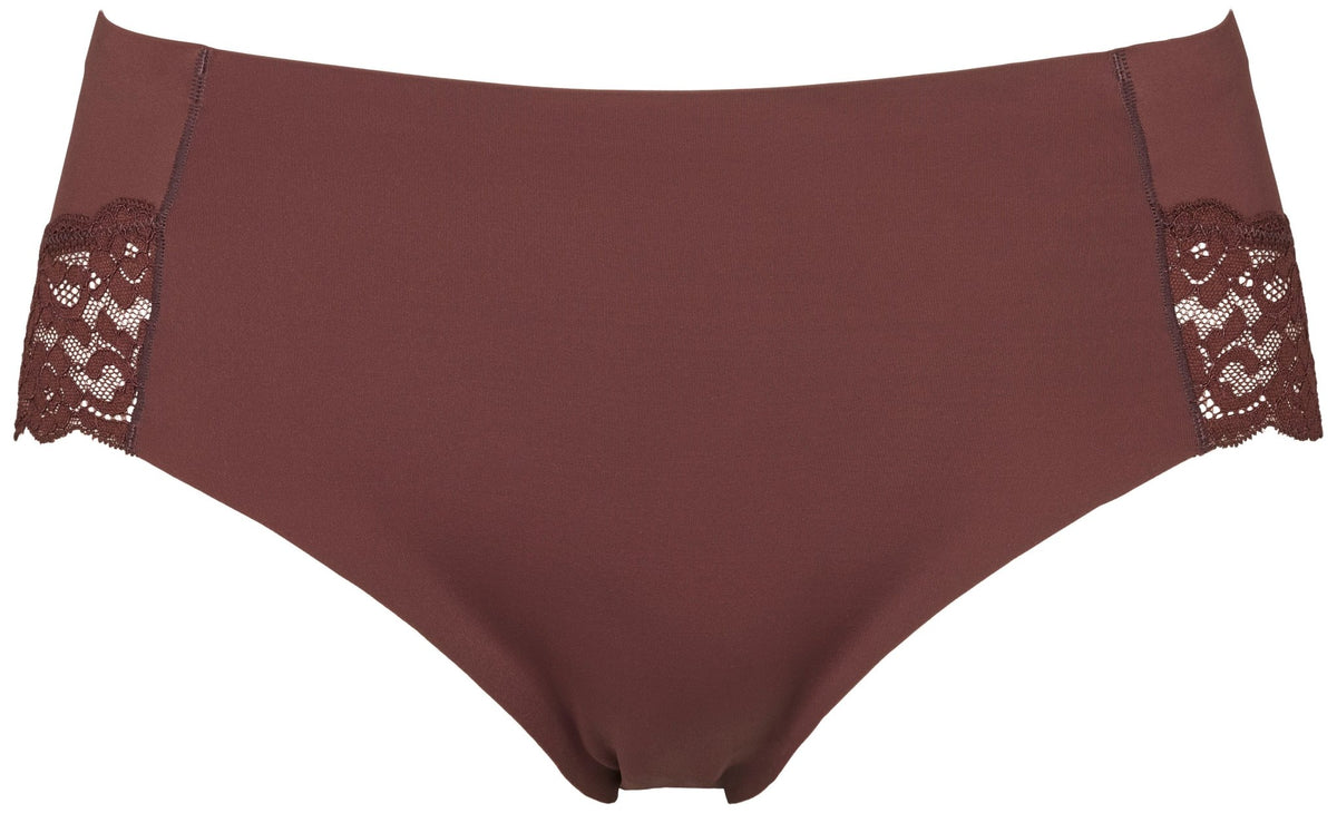 Missya Seamless med blonder, 3-pak, brun dameundertøj med blonder i siderne, vist på hvid baggrund.
