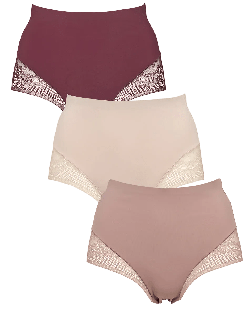 Missya Seamless med blonder, 3-pak i farverne bordeaux, beige og taupe – trusser med høj talje, vist på hvid baggrund.