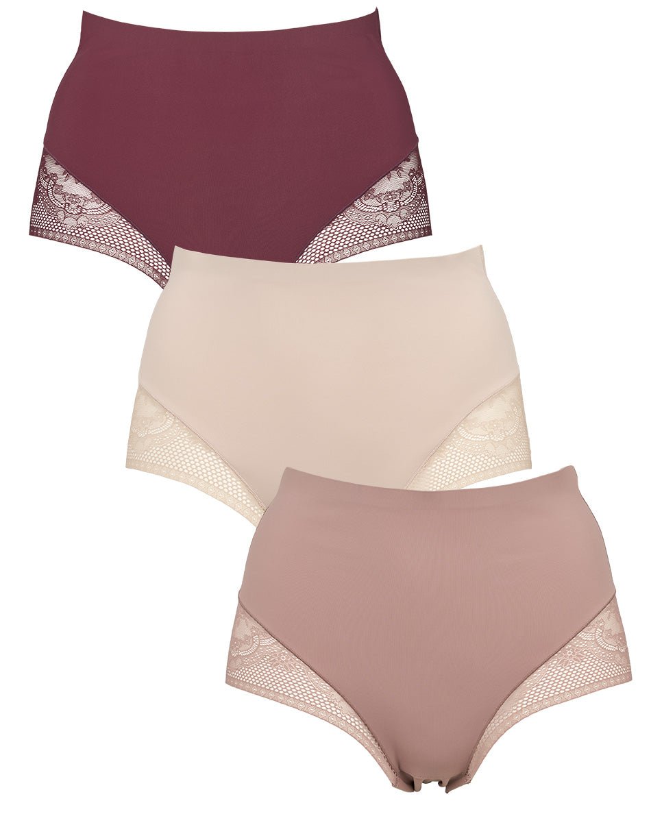 Missya Seamless med blonder, 3-pak, Bordeaux: Tre par, i burgunderfarver, med blondedetaljer og høj talje.