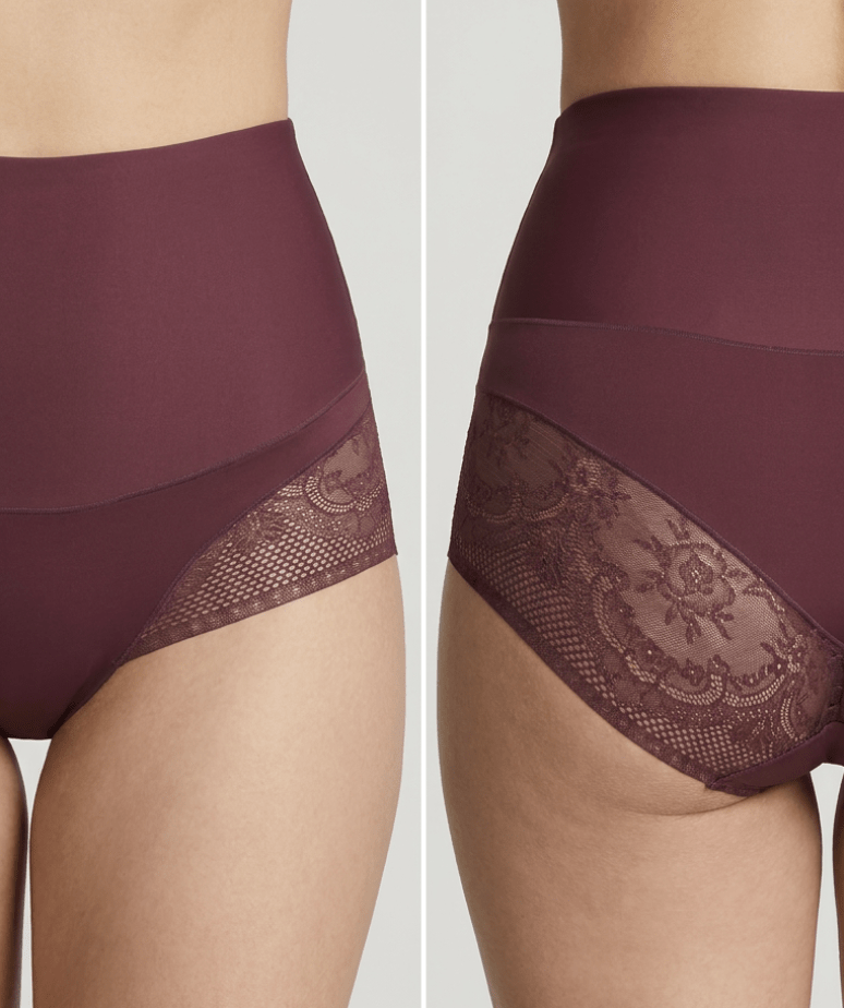 For- og bagfra-billede af en person iført Missya Seamless Light Shape 3-pak Bordeaux højtaljede trusser med blonder i siderne.