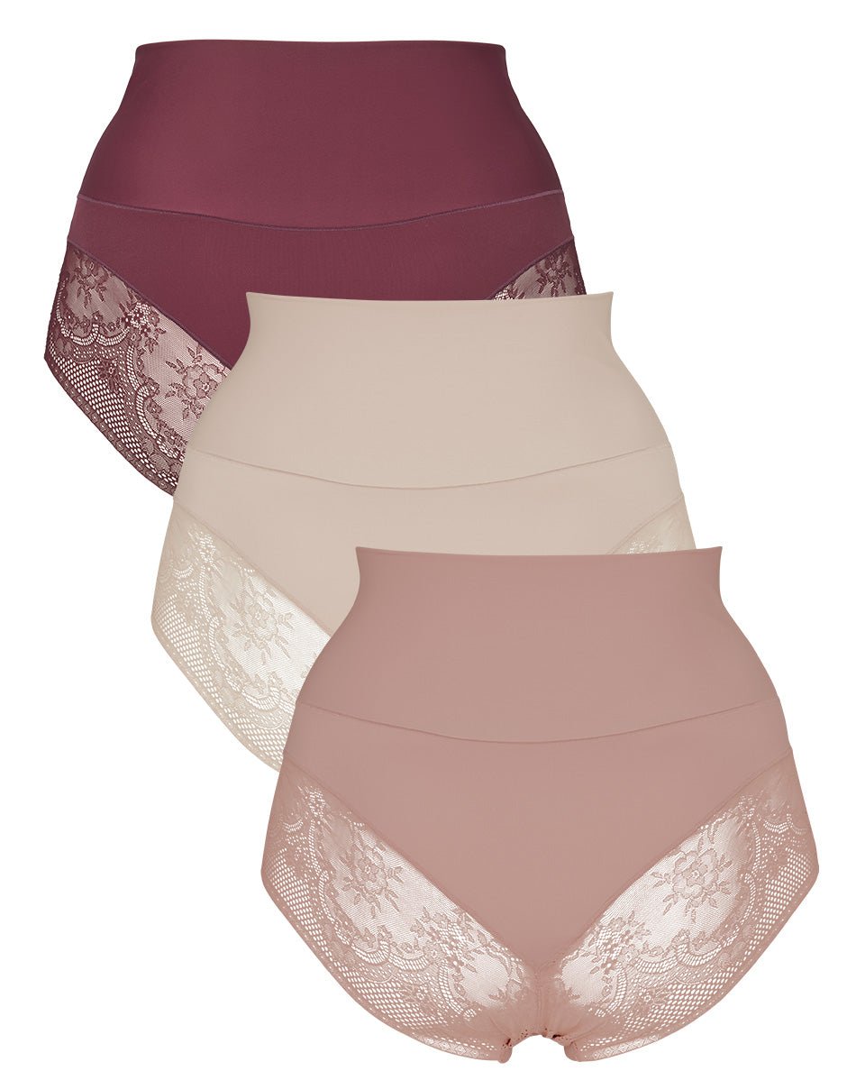 Tre Missya-trusser med høj talje og formende effekt, Seamless Light Shape 3-pak i farven Bordeaux, lagt oven på hinanden fra foran til bag.