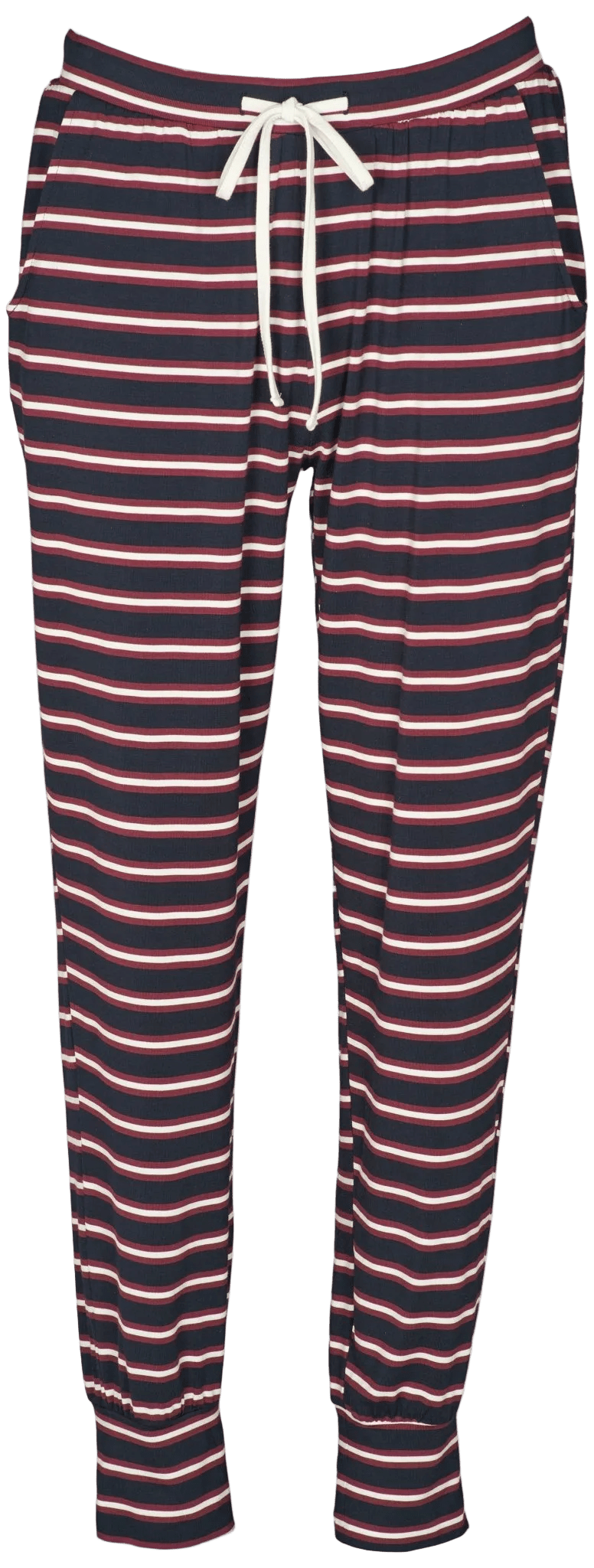 Missya Softness-bukser 155976: Marineblå joggingbukser med hvide/røde striber, snøre, sidelommer og opsmøgede ankler.