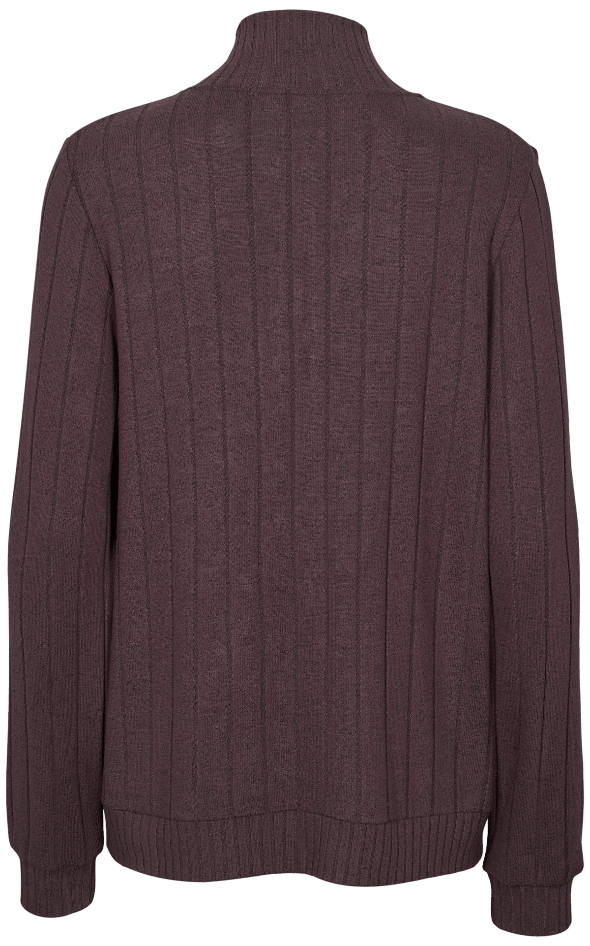 Bagfra-billede af Missyas 155993 Cozy Mørkebrun ribstrikket loungewear-trøje med lange ærmer og høj krave.