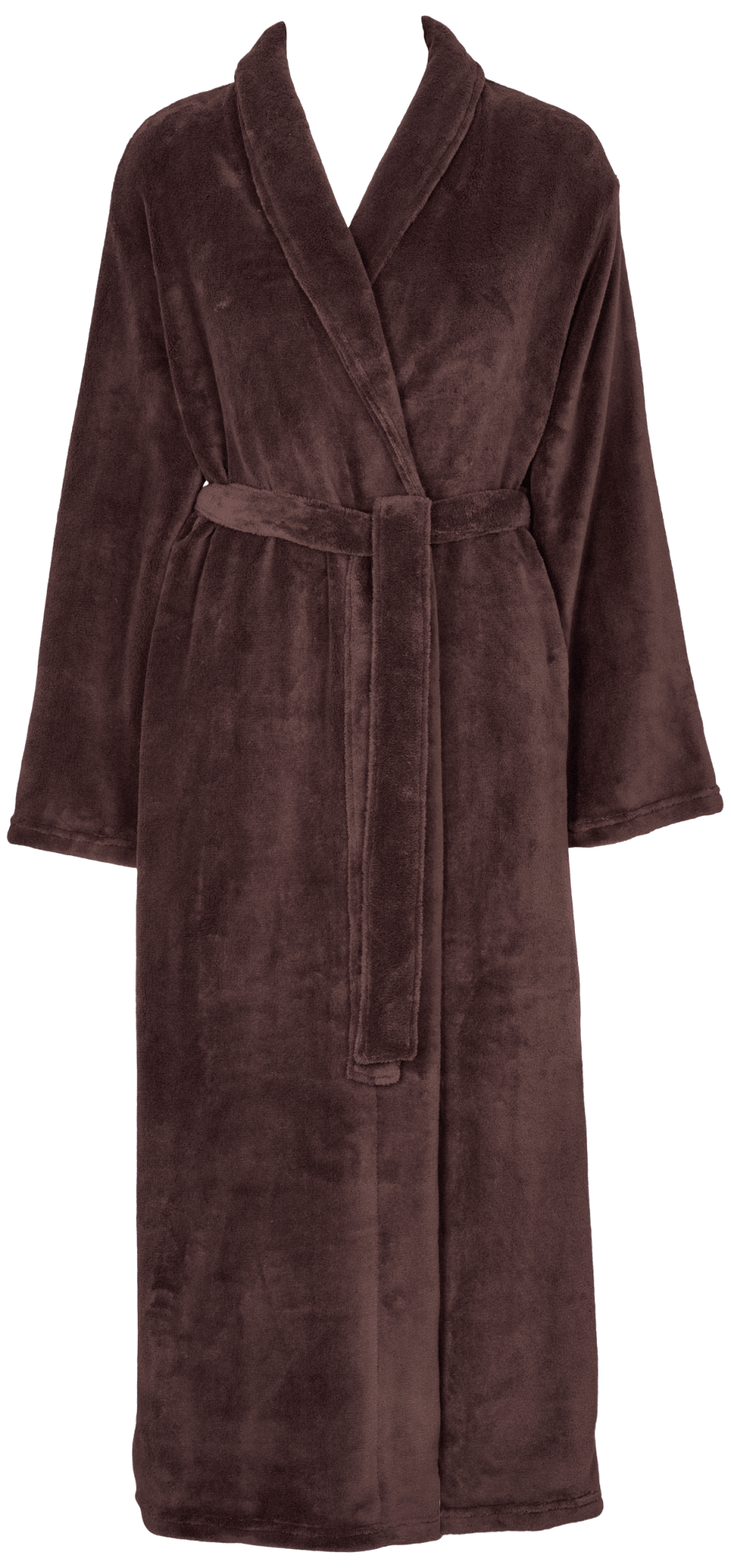 Missya Cornflocker Mørkebrun fleece-morgenkåbe med sjalekrave og bælte, vist på hvid baggrund.