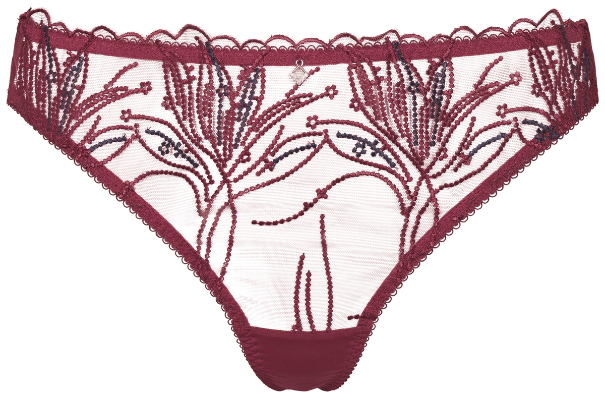 Missya 156014 Emily Kirsebær-trusser med blomsterbroderi og bølget kant, vist på en enkel, hvid baggrund.