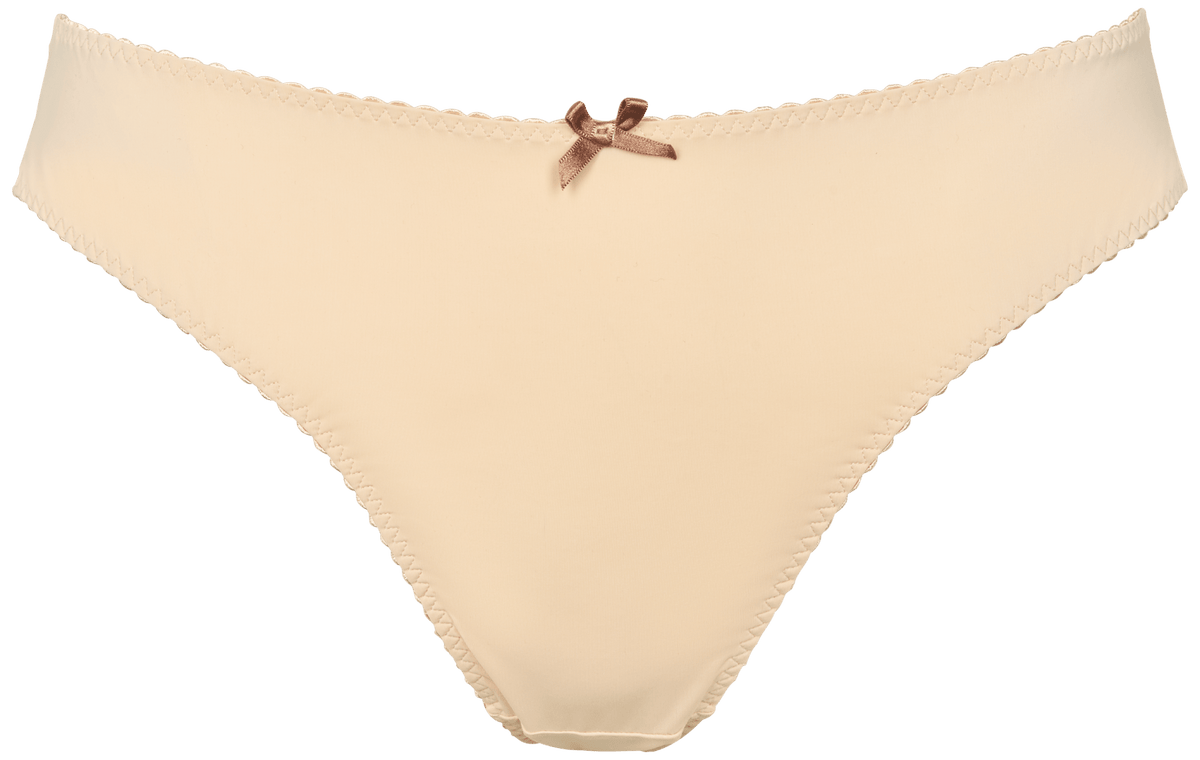 Beige 156030 | Missya – Simone Champagne: Blomstret brasiliansk bikinitrusse med en lille brun sløjfe midt i taljen.