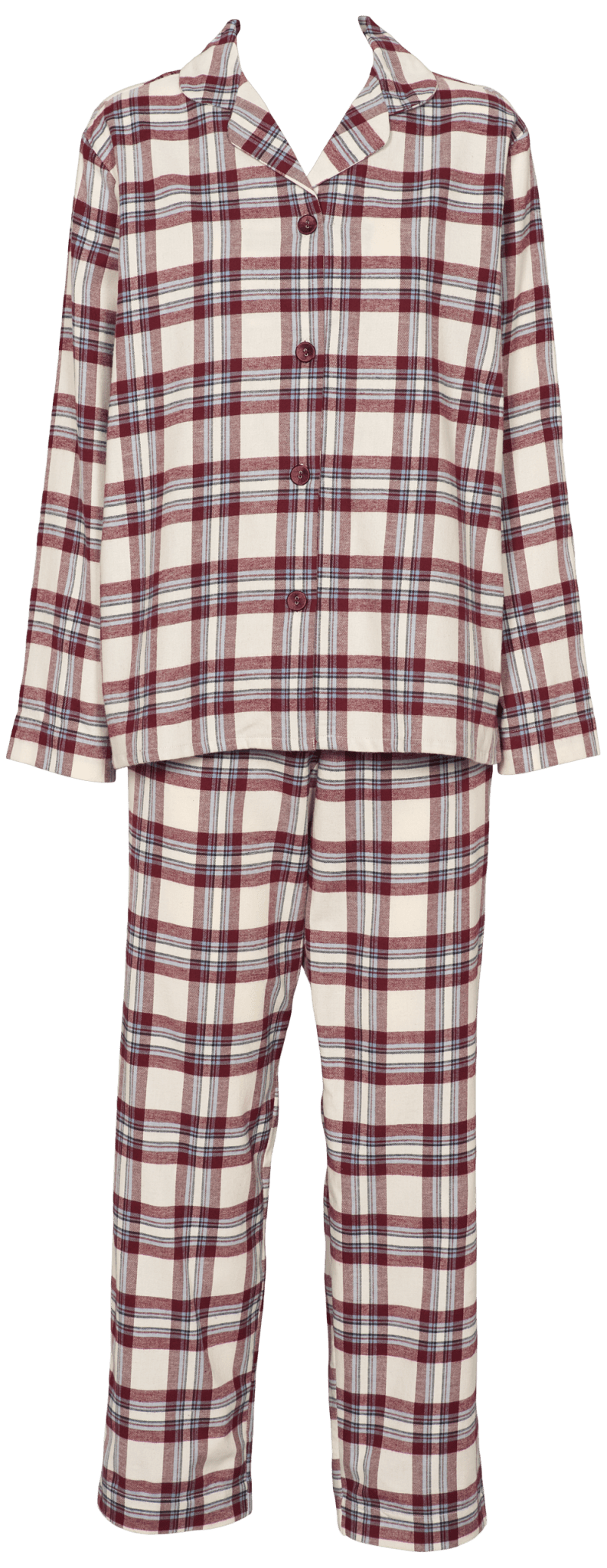 Missya Check Flannel: hyggeligt pyjamasæt i ternet mønster med skjortebluse og bukser, inspireret af Missya-pyjamasstilen.