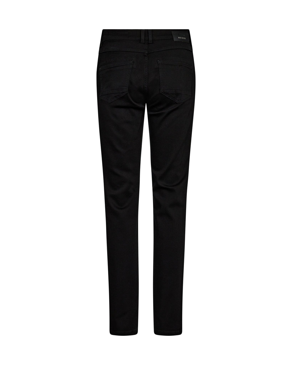 Bagsiden af MOS MOSH – Carla Sort-jeans med mellemhøj talje, to baglommer og et sort mærke i linningen.