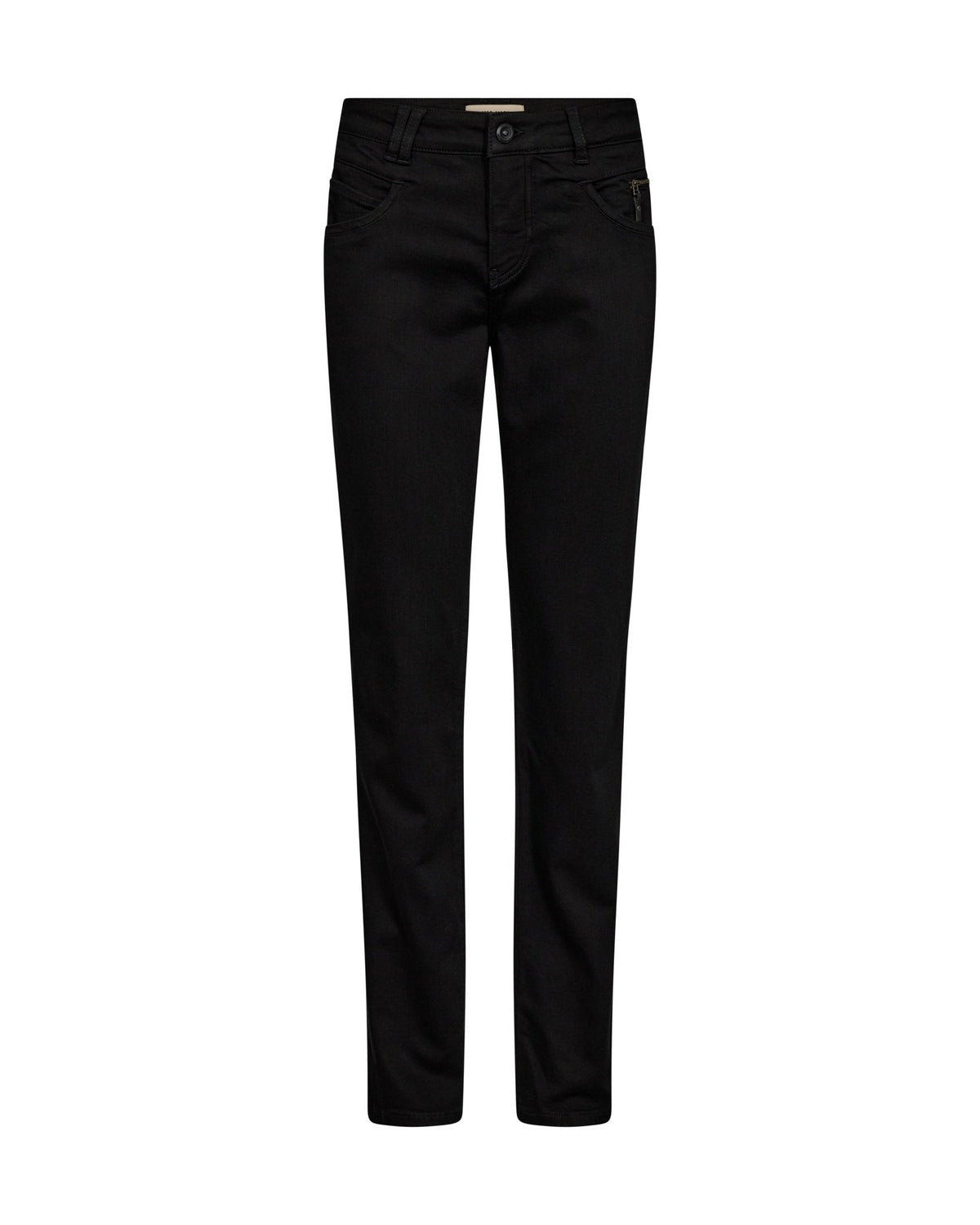 MOS MOSH – Carla Sort-jeans med mellemhøj talje, forlommer og bæltestropper, vist på hvid baggrund.