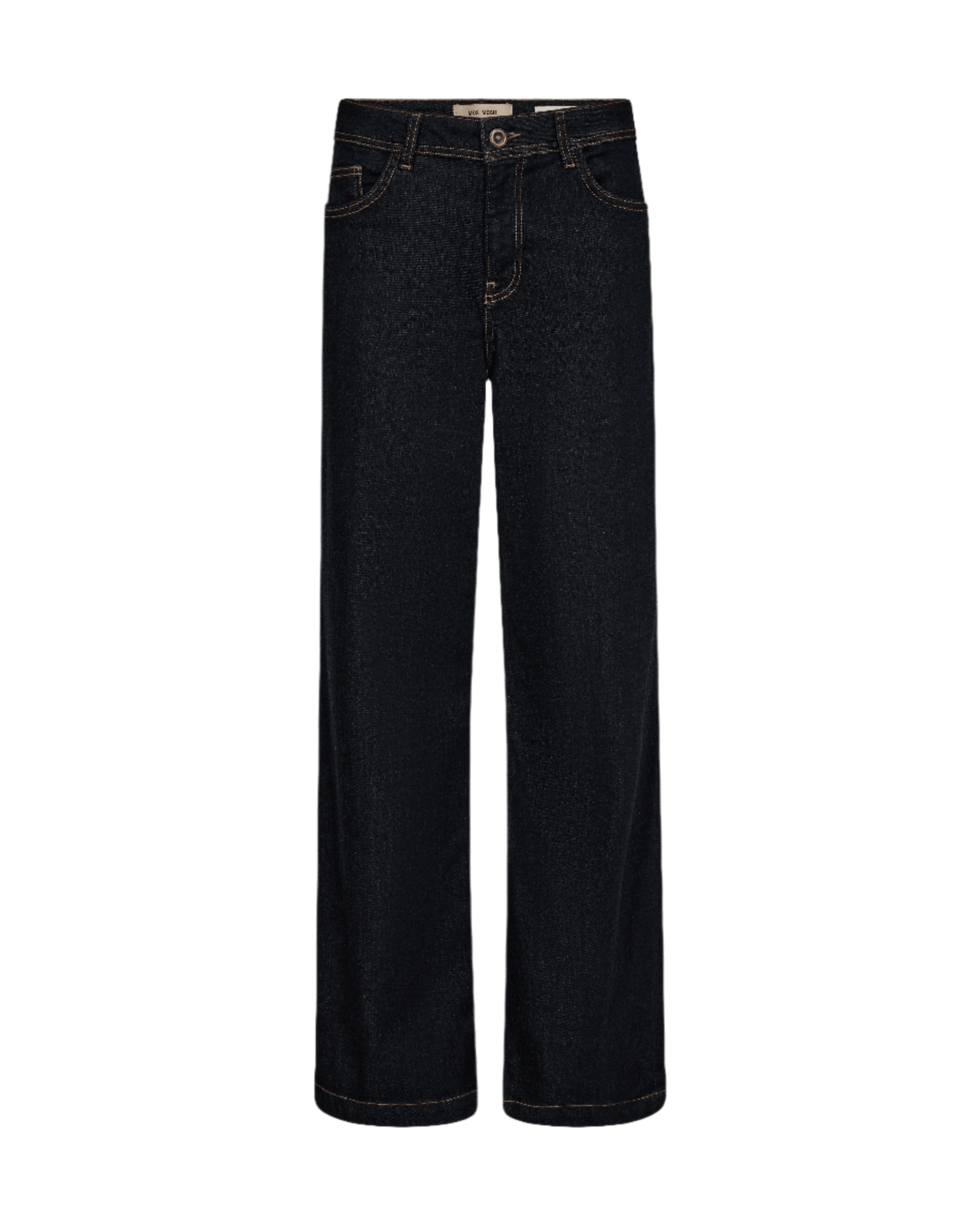 MOS MOSH Dara Mørk denimjeans med brede ben, lommer, knaplukning og synlige sømme.