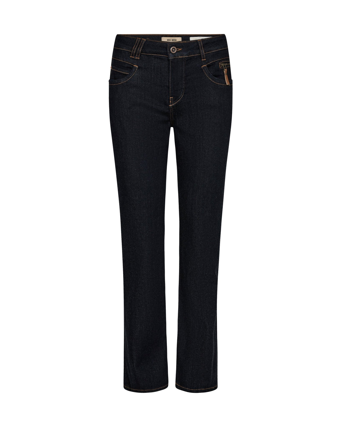 MOS MOSH – Clara 34` mørkeblå jeans med lige ben og lommer foran og bagpå, vist på hvid baggrund.