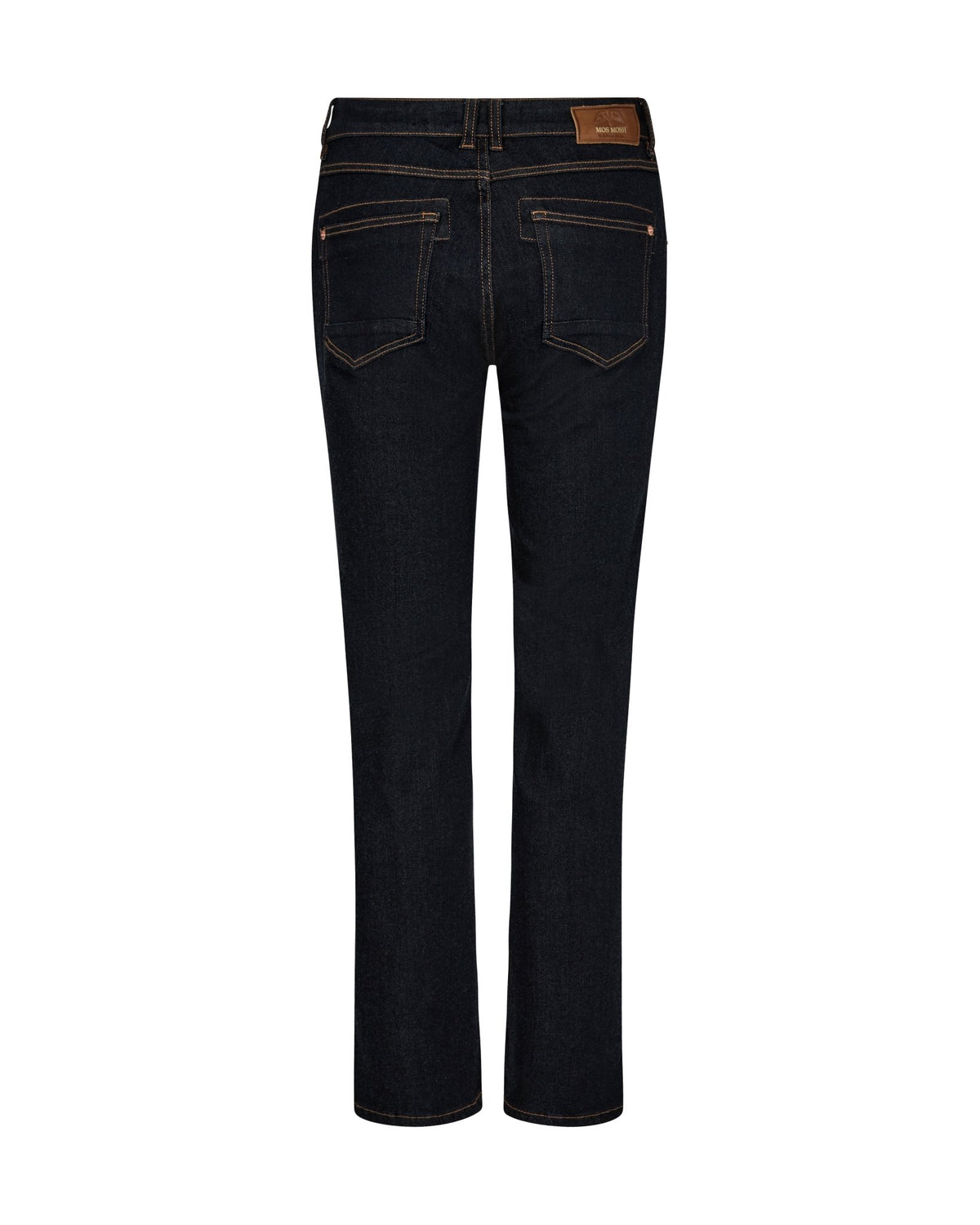 Bagsiden af MOS MOSH Clara 34` mørkeblå jeans med to baglommer og et brunt lædermærke på linningen.