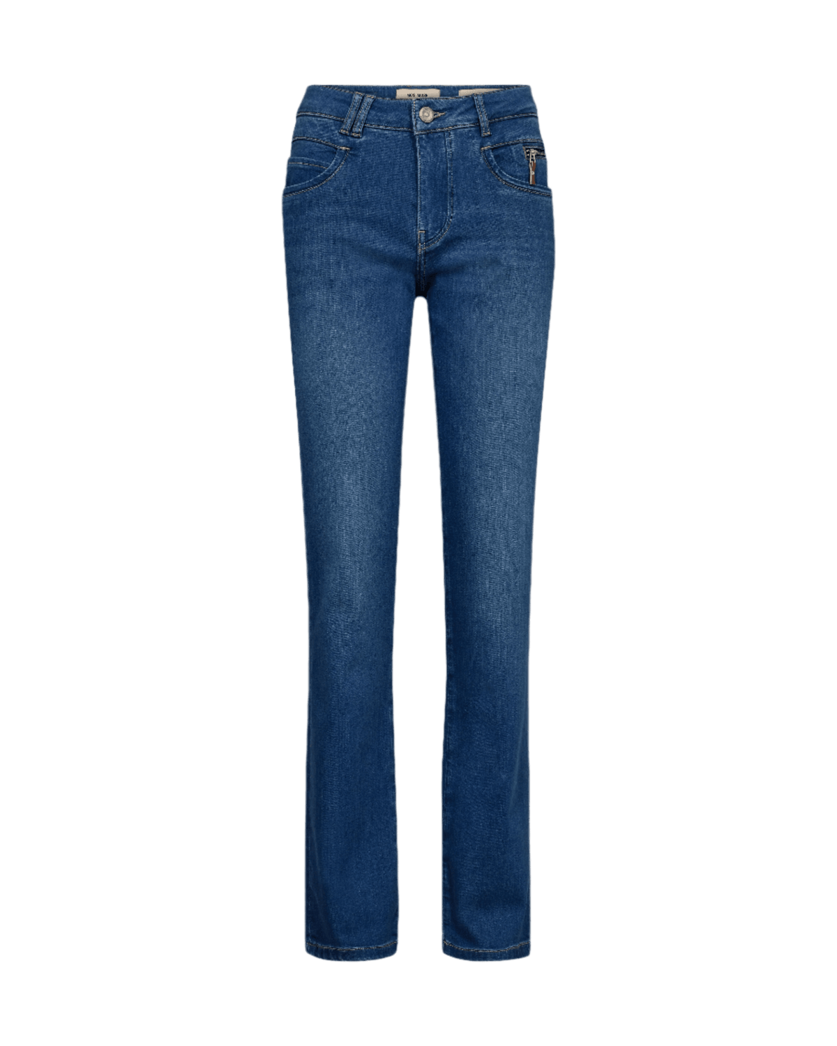 MOS MOSH – Carla Denim 151014 klassiske blå jeans med lommer foran og bagpå, vist på hvid baggrund.
