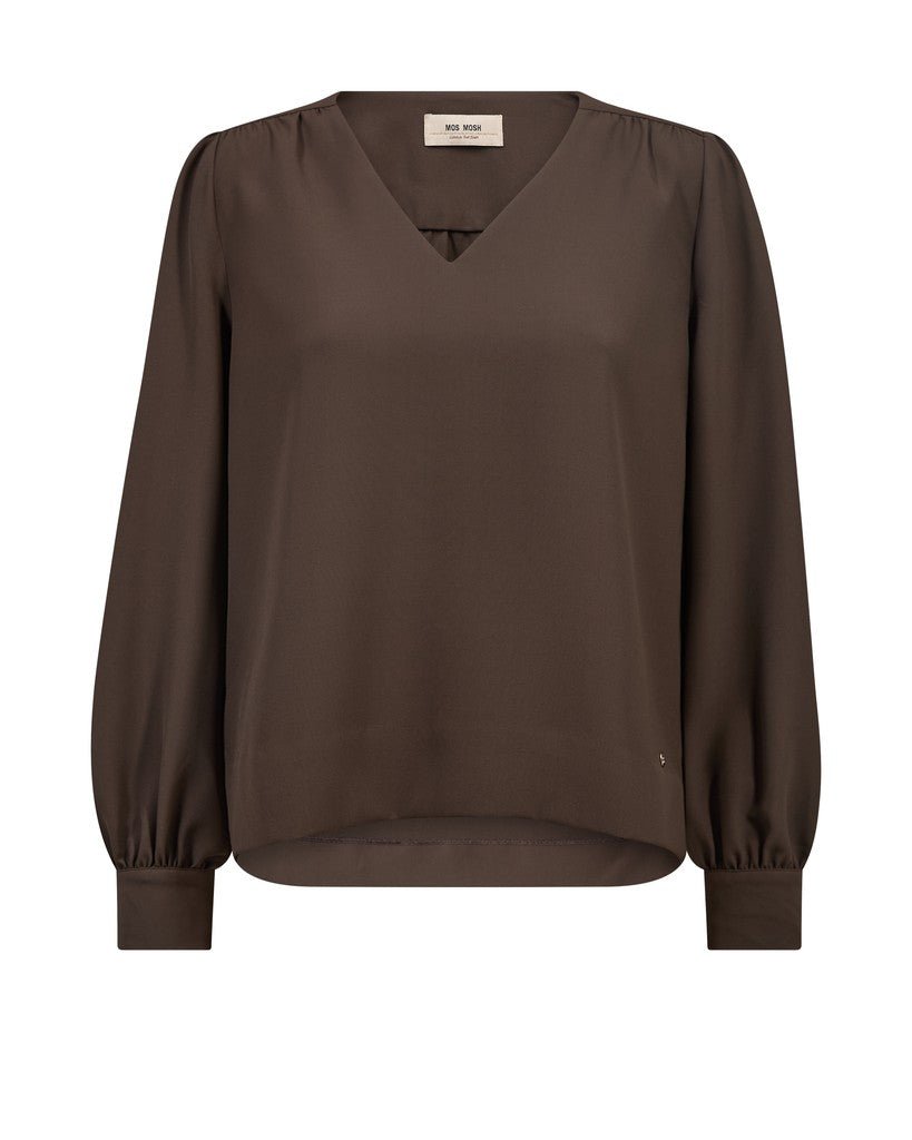 155467 | MOS MOSH Kylie Miley Mørkebrun: Langærmet bluse med V-udskæring, rynkede manchetter og en afslappet pasform.