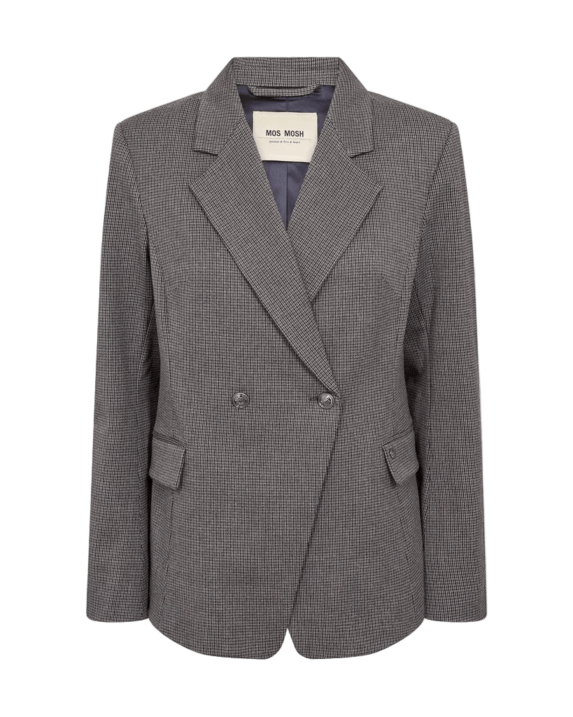 MOS MOSH MMBethie Ternet grå blazer med dobbeltknapning, skrå revers og lommer med klap på hvid baggrund.