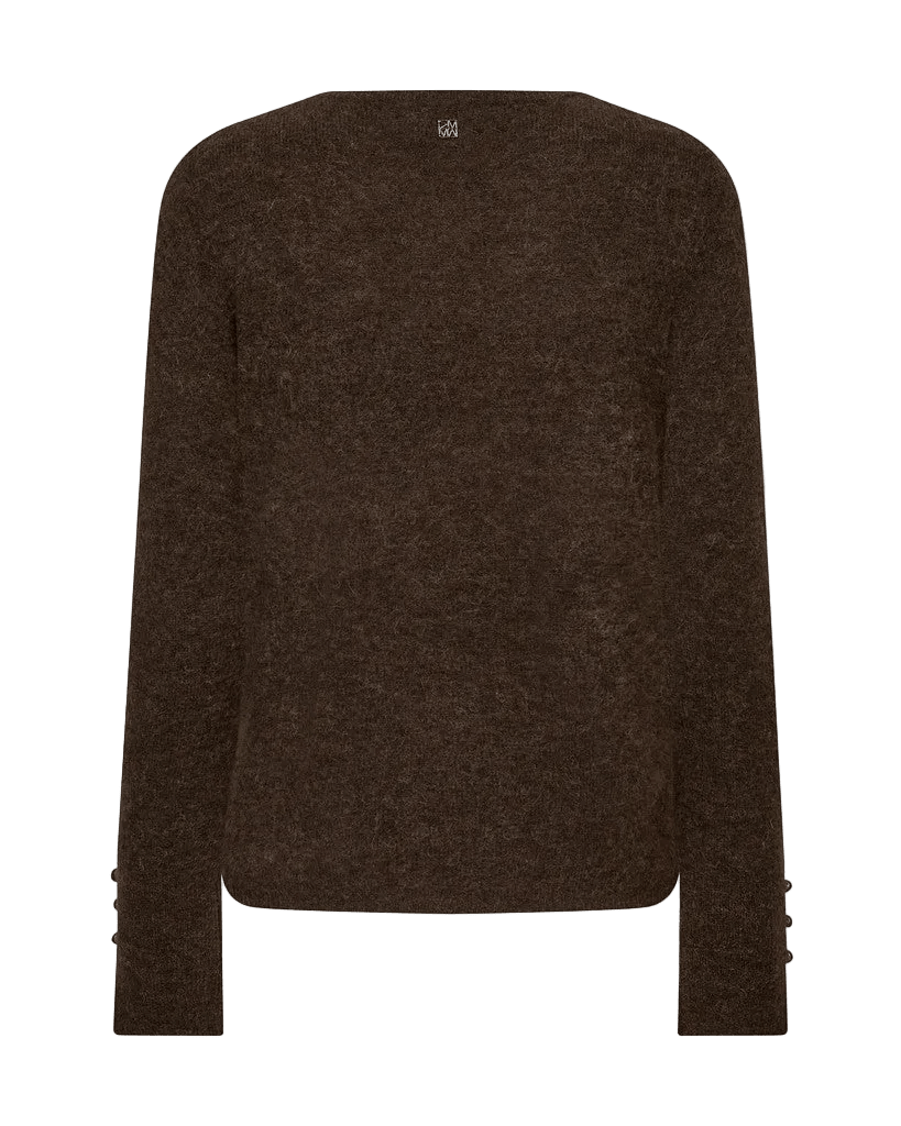 Mørkebrun MOS MOSH – MMMape Sophia langærmet sweater med små knapper ved manchetterne.