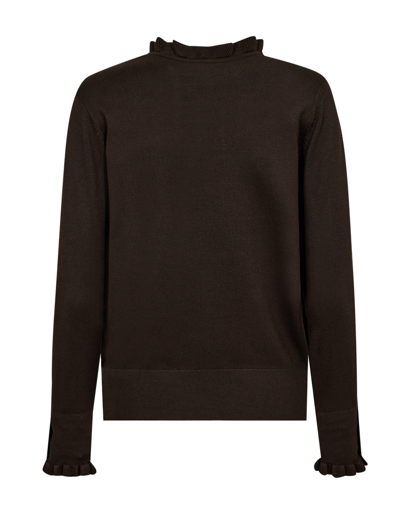 Freequent – Katie Mørkebrun mørkebrun langærmet sweater med flæset krave og flæset manchetter.