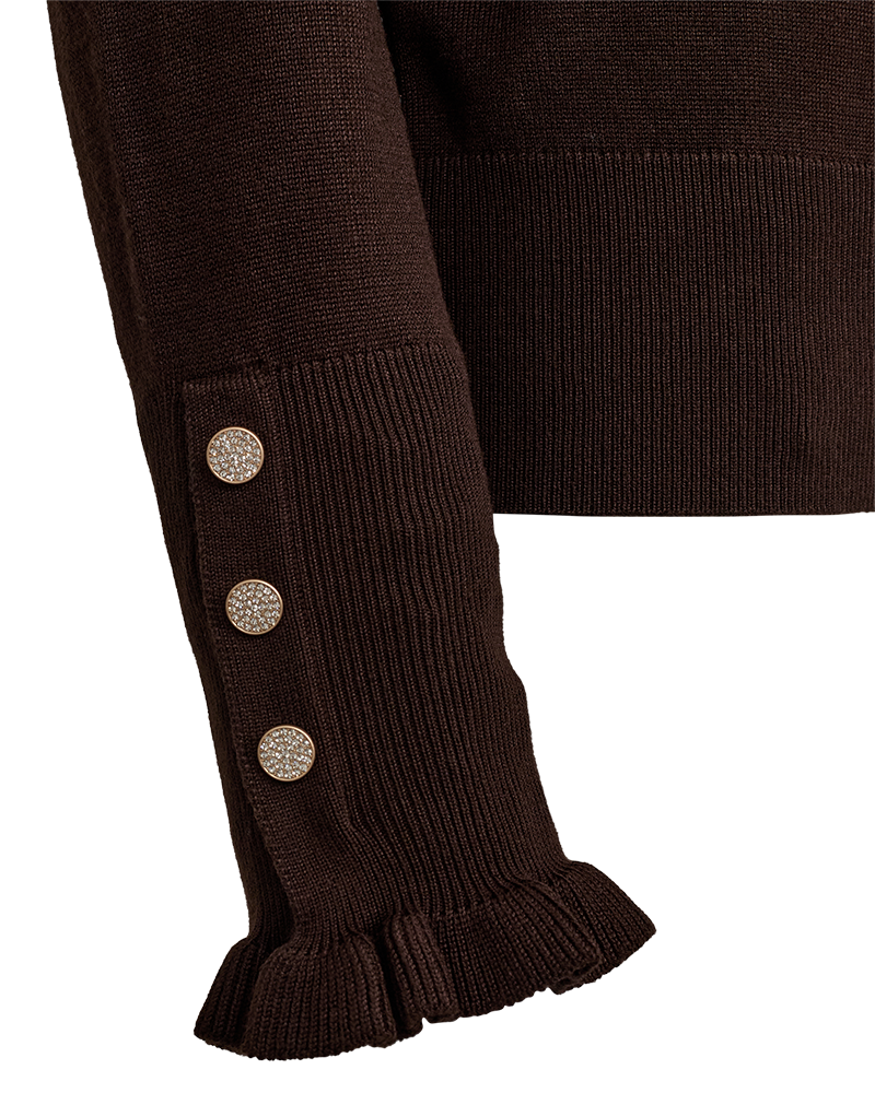 Freequent – Katie Mørkebrun mørkebrun sweater med ribkant ved ærmerne, flæsekant og tre knapper med sten.