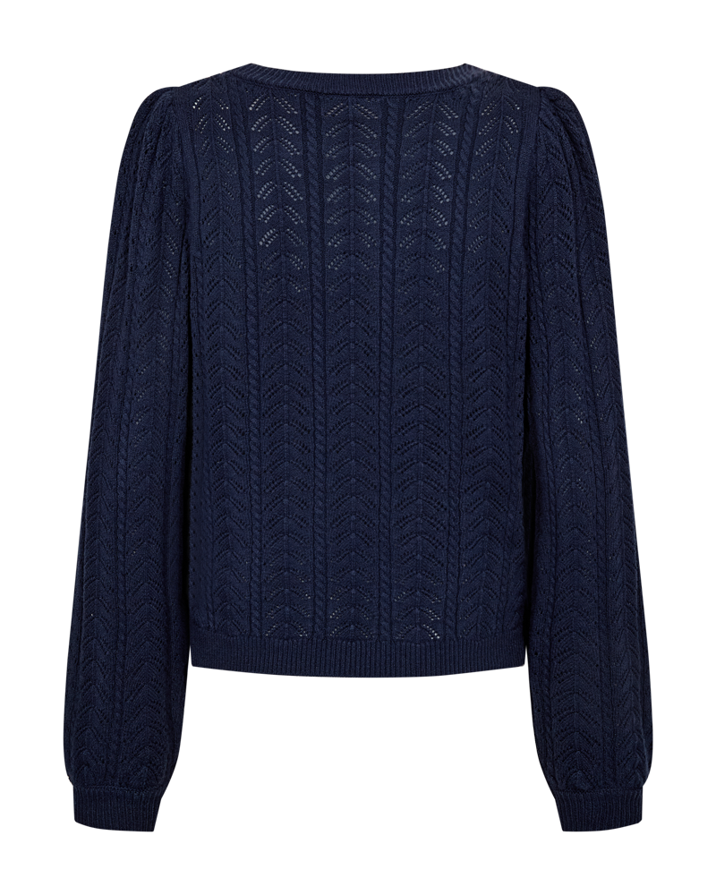 Strikbluse fra Freequent i mørkeblå med hulmønster set bagfra