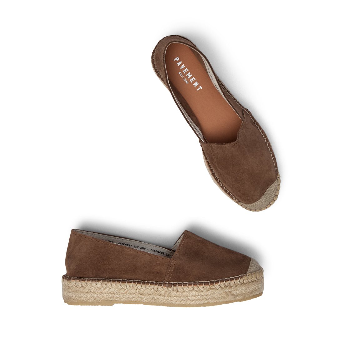PAVEMENT Ida Brun ruskindssko-espadriller med jutesåler, set fra siden og ovenfra.