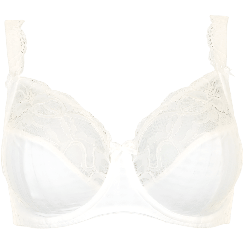 PrimaDonna Madison naturlig, off-white bh med blondedetaljer og bøjle, vist på en enkel baggrund.