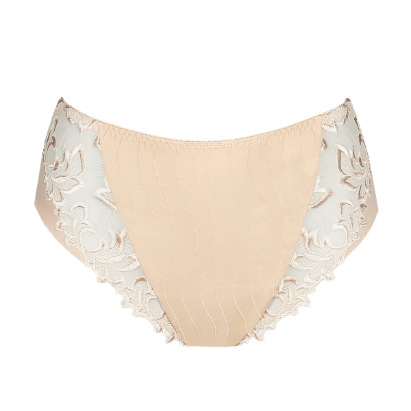 PrimaDonna 140373 Deauville Caffè Latte maxi-trusser med blomsterbroderi, gennemsigtige sider og en flatterende høj talje.