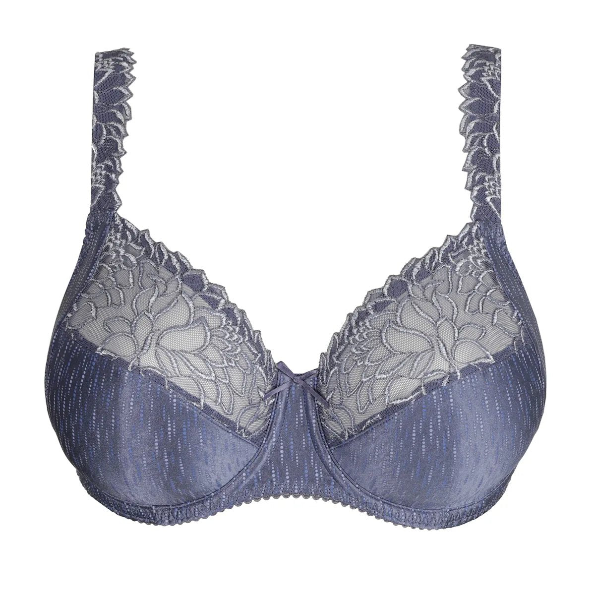 PrimaDonna Monterrey Nightshadow Blue-bh med blonder, blomsterbroderi og dekorative stropper på hvid baggrund.