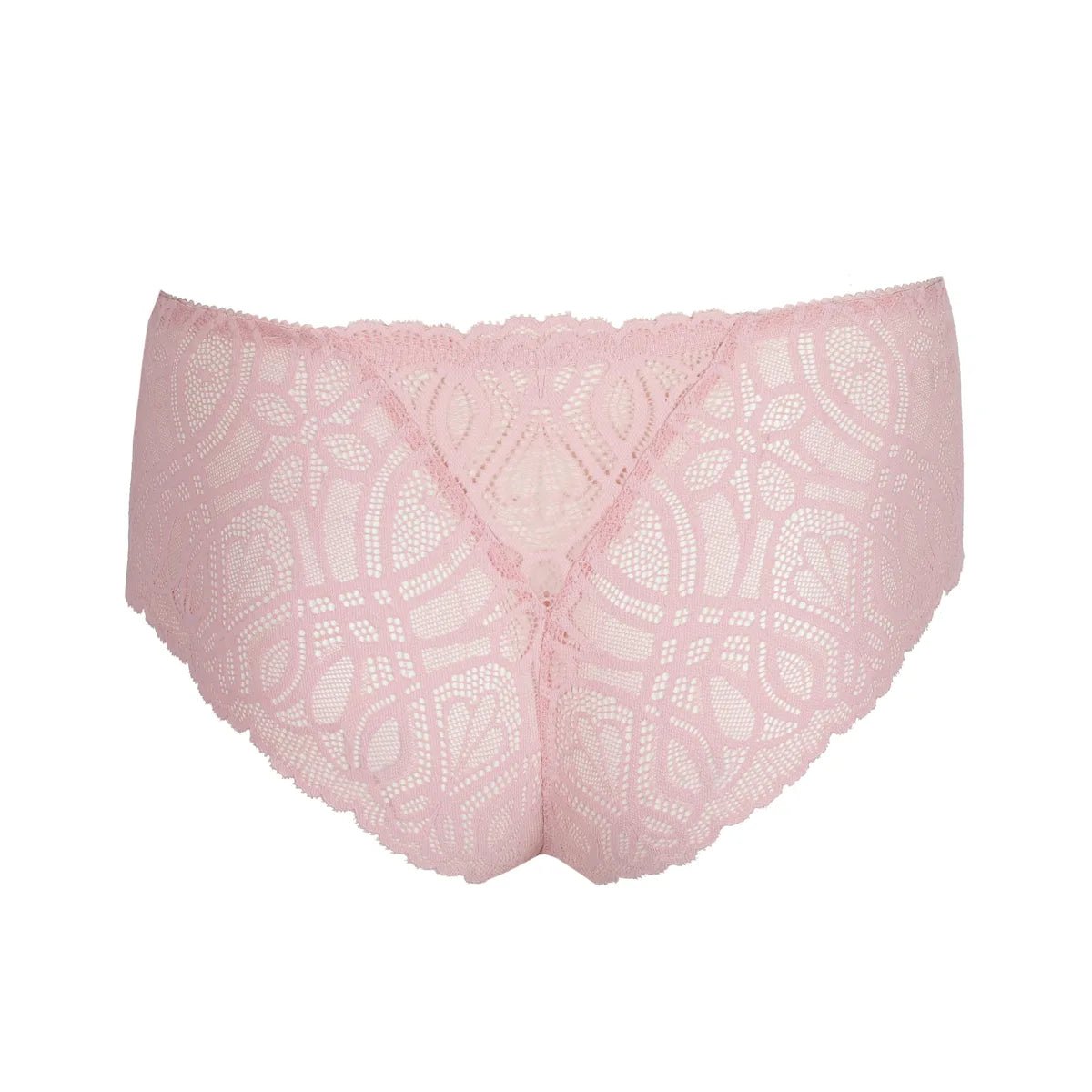 PrimaDonna Salerno Spring Rose lyserød G-streng med blonder og mønster, vist på hvid baggrund.