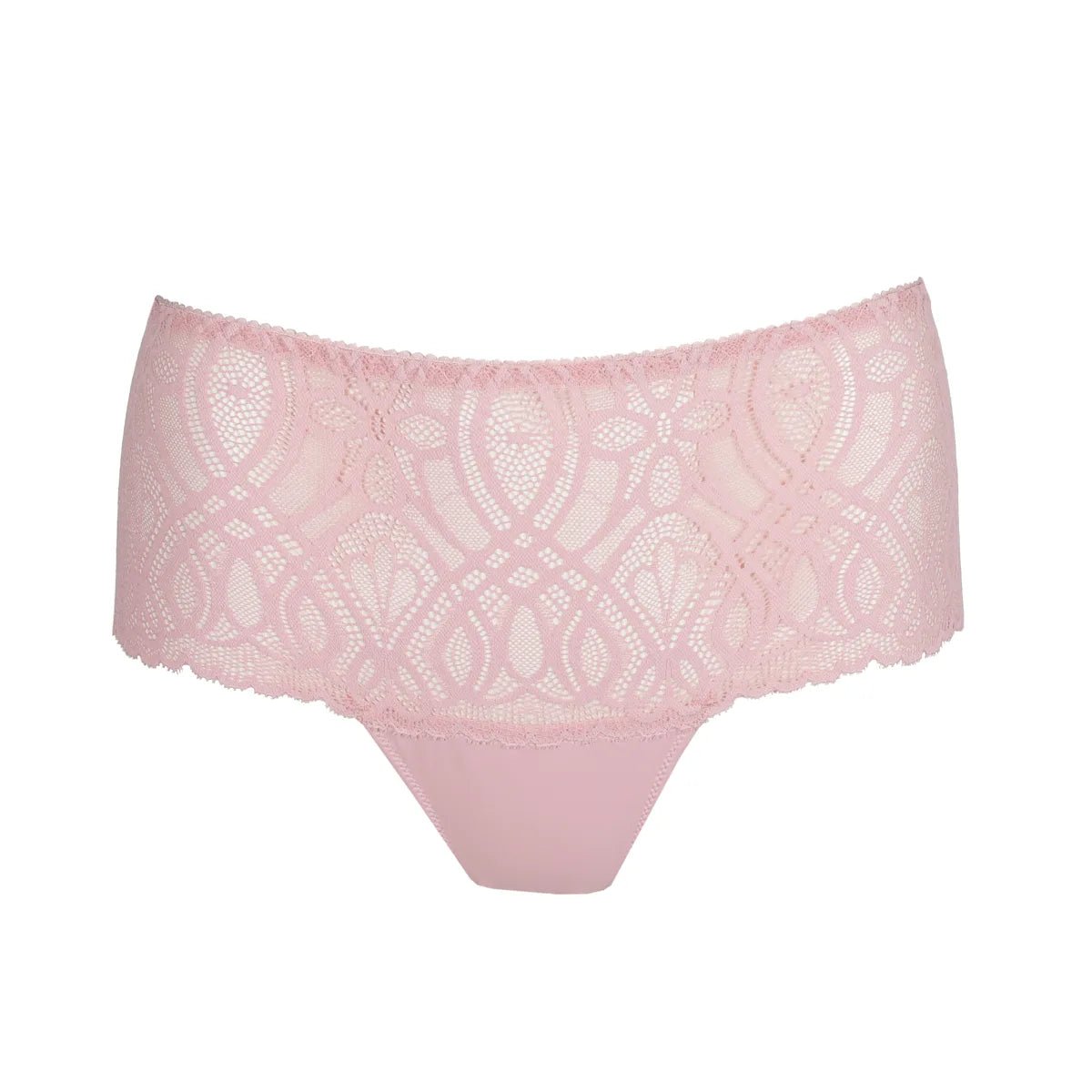 PrimaDonna Salerno Spring Rose Lyserød G-streng med luksuriøs blonder på hvid baggrund.