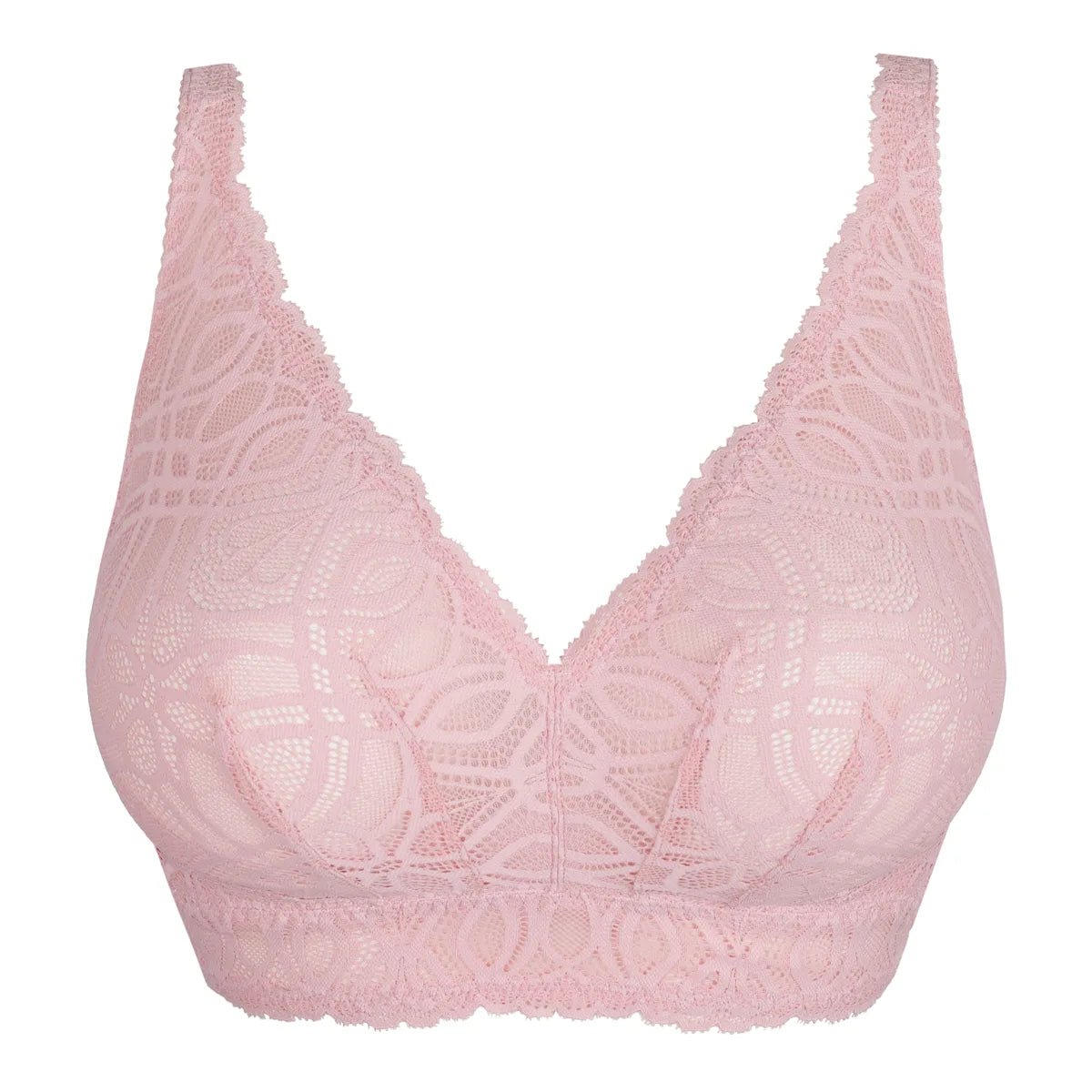 PrimaDonna Salerno Spring Rose-bralette i lyserød med blomsterblonder, dyb V-udskæring og bølget kant.