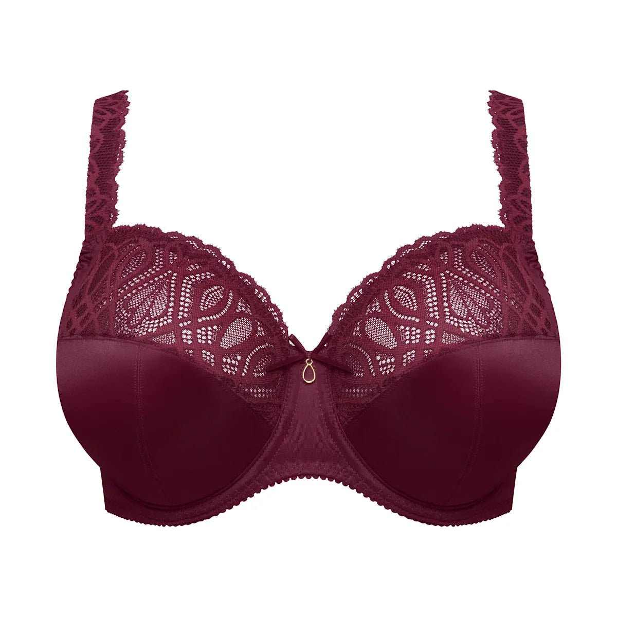 Dette er PrimaDonnas 155419 Evening Red Bordeaux-bh med bøjler, dekorative stropper, blonder i skålene og en sløjfe foran.