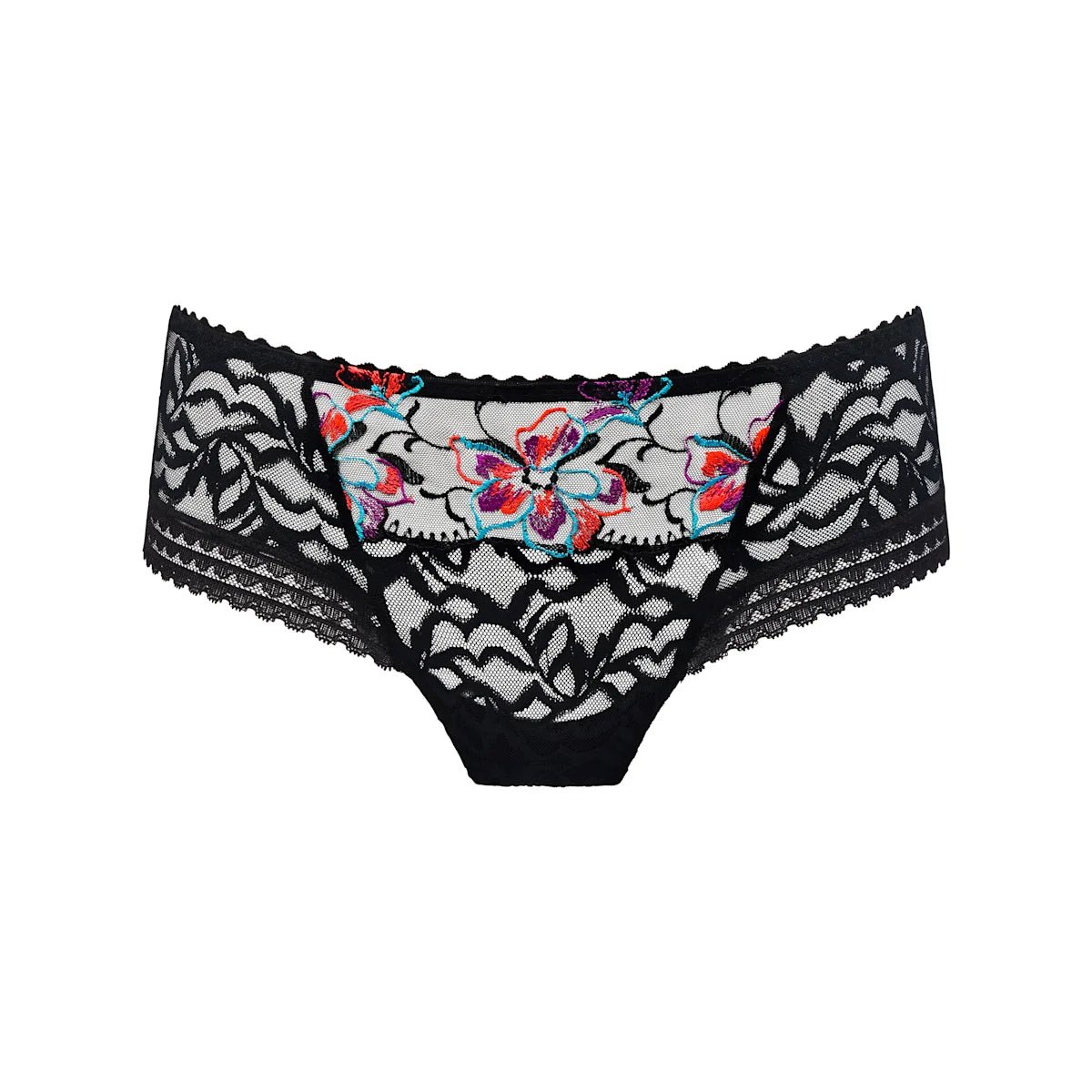 PrimaDonna 155802 Miyara Floral Eclypse – sort undertøj med blomsterbroderi og bølget kant på hvid baggrund.