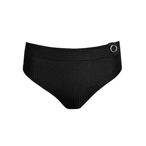 Sort bikinitrusser med høj talje og ribstrik fra PrimaDonna Swim Delray Black, med en detalje i form af en metallisk ring.